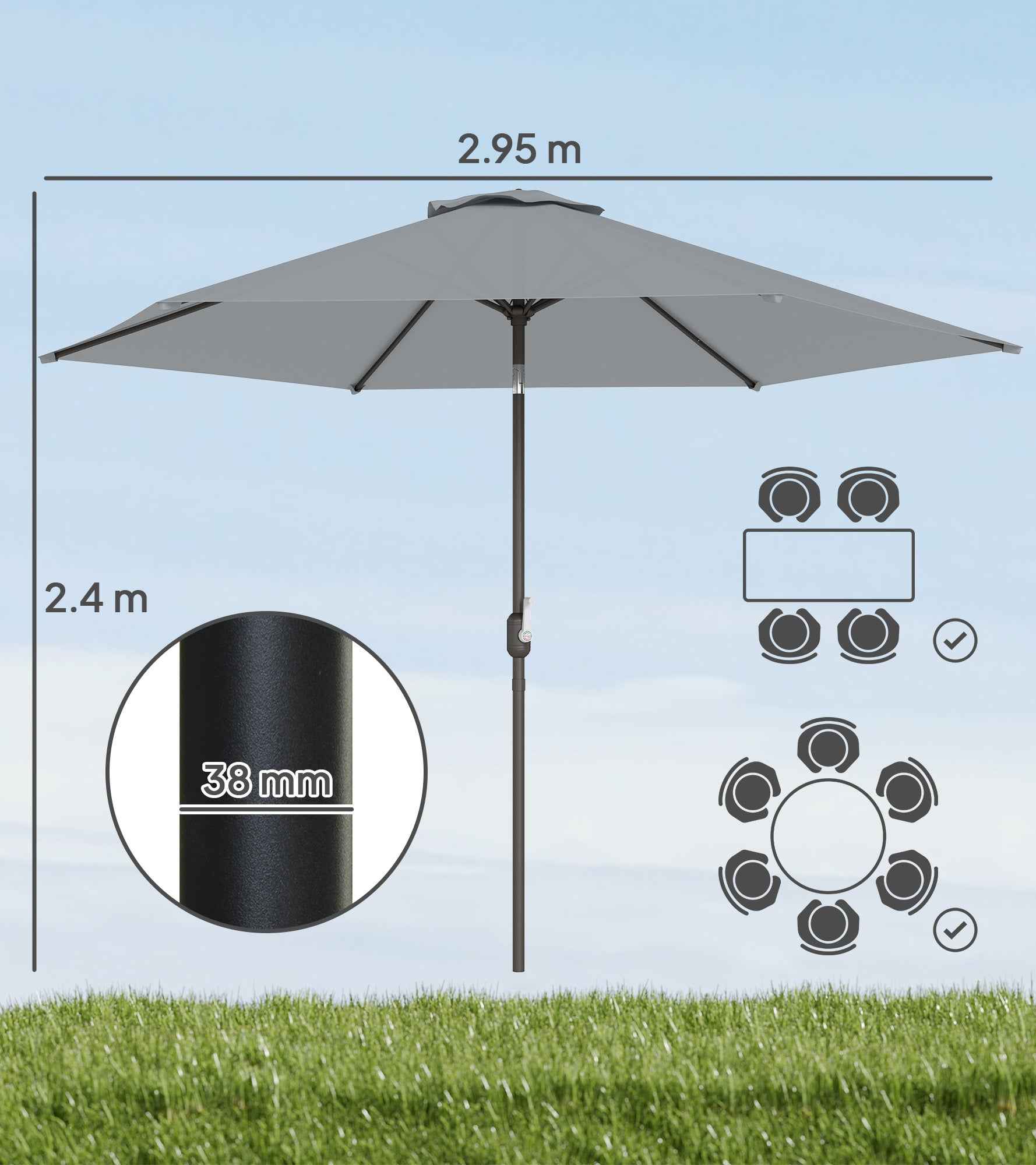 Outsunny 3x3 m Tilting Garden Umbrella with Crank Opening, Metal and Polyester, Grey