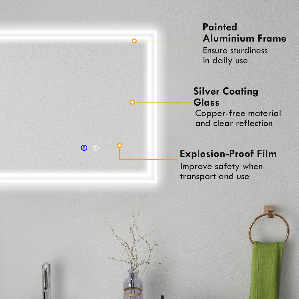 Kleankin Bathroom mirror with LED light 3 levels rectangular, anti -explaiming and touch switch, 90x70cm - Borgè