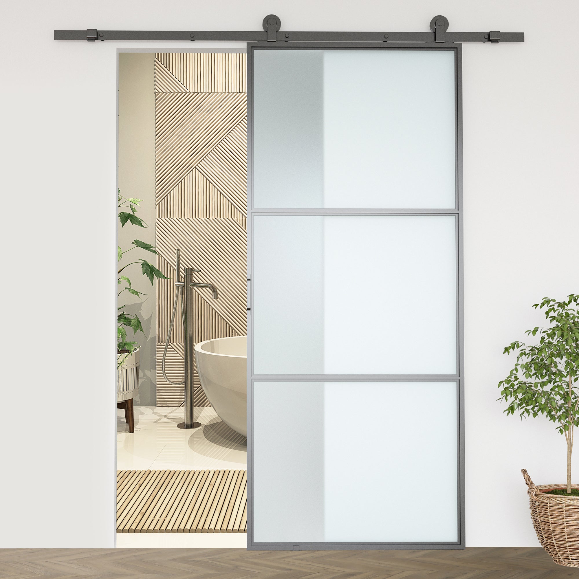 Steel Sliding Door Kit with Tracks, Stoppers and Guides, 200x40x0.6 cm, Black