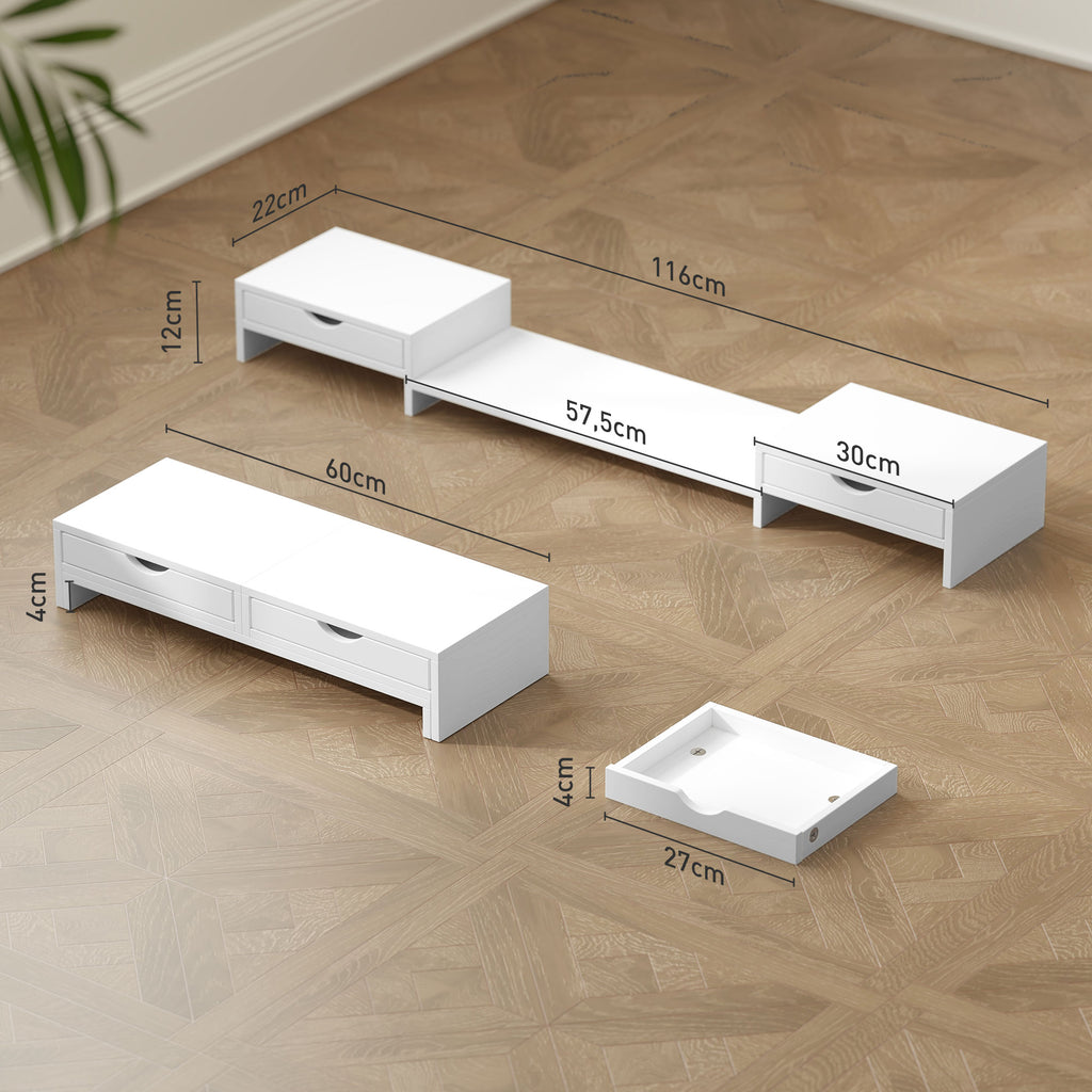 HOMCOM Desk Monitor Stand with 2 Drawers, 3 Spaces Below, Up to 14kg, 60-116x22x12cm, White