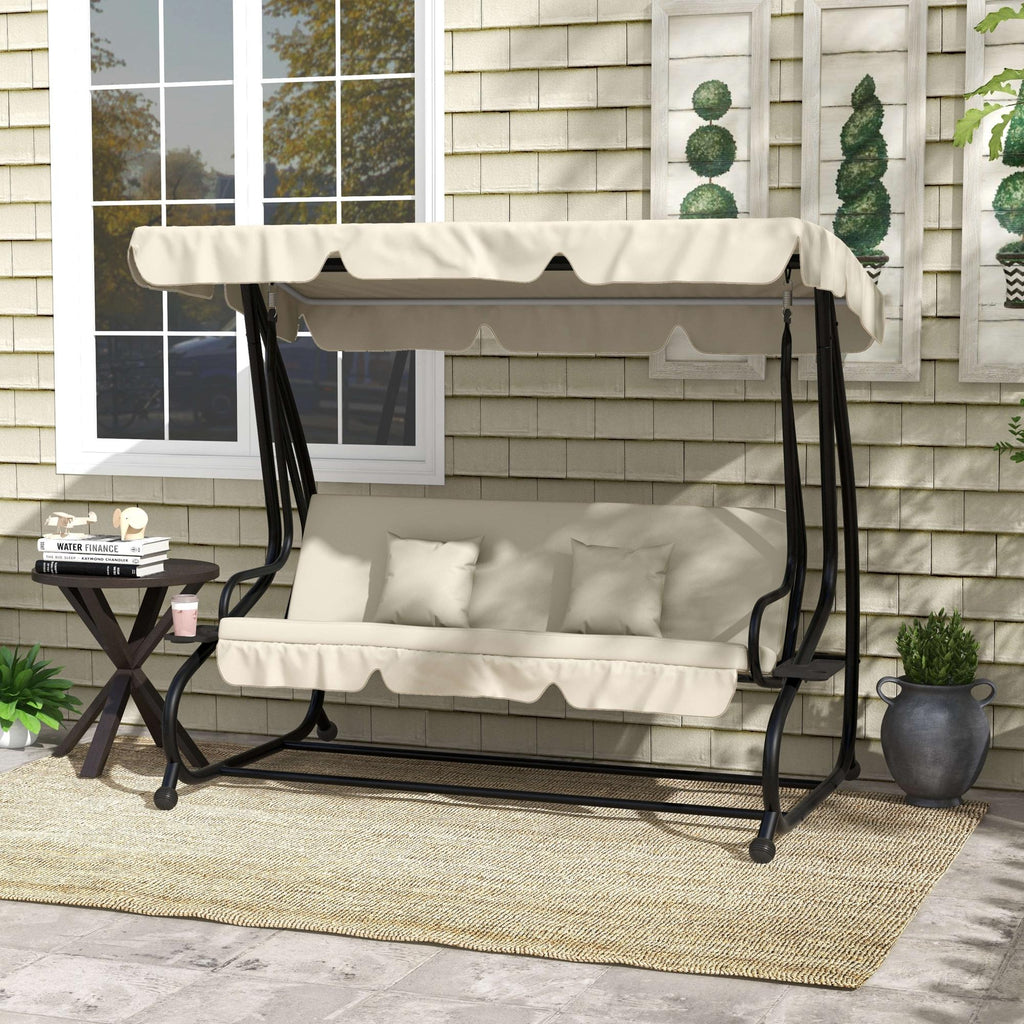 Outsunny Garden Swing Bed with Adjustable Canopy and Trays, Steel and Teslin, 200x120x164 cm, Cream