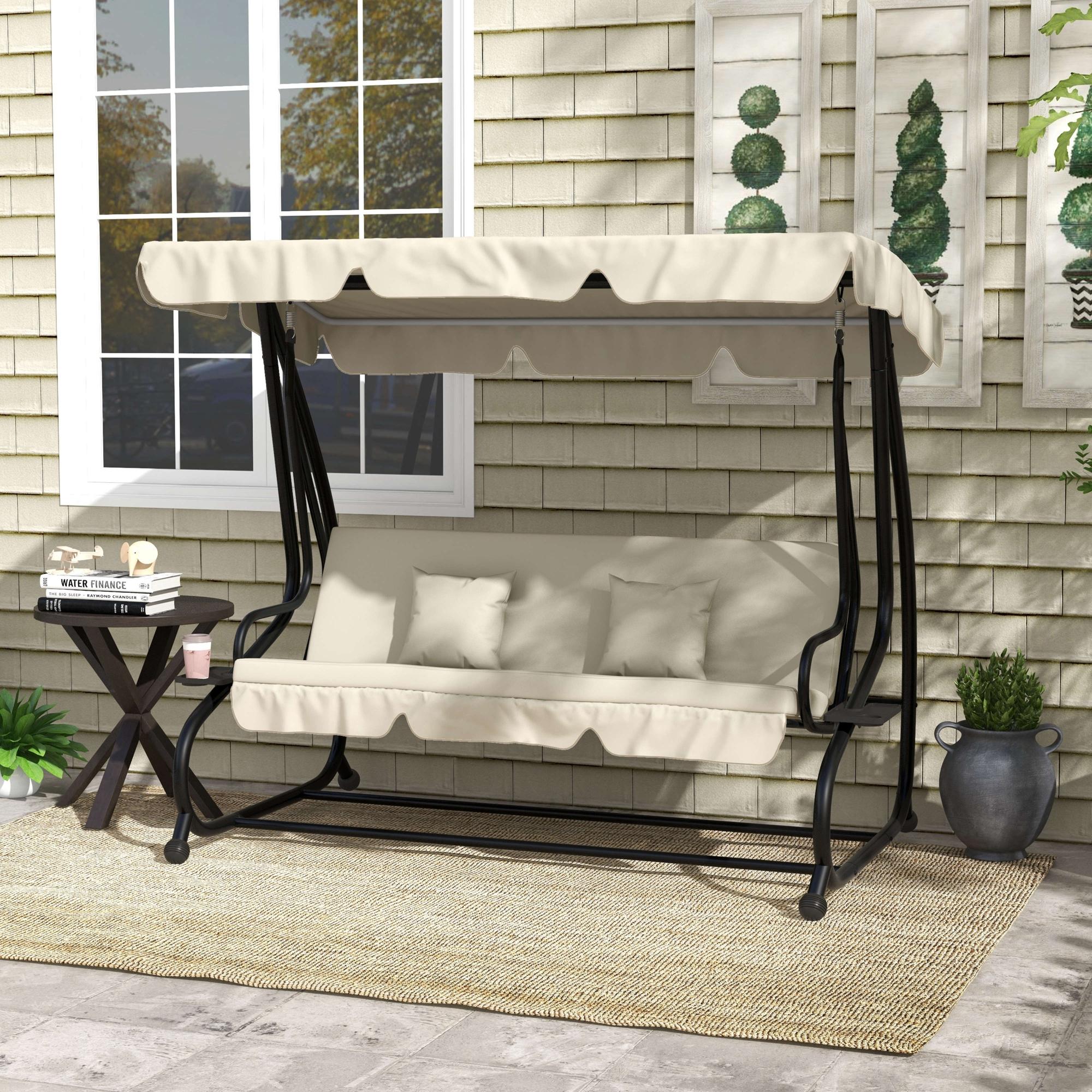 Outsunny Garden Swing Bed with Adjustable Canopy and Trays, Steel and Teslin, 200x120x164 cm, Cream