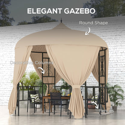 Outsunny Ø3m round garden gazebo with curtains and air intakes in metal and polyester, beige - Borgè