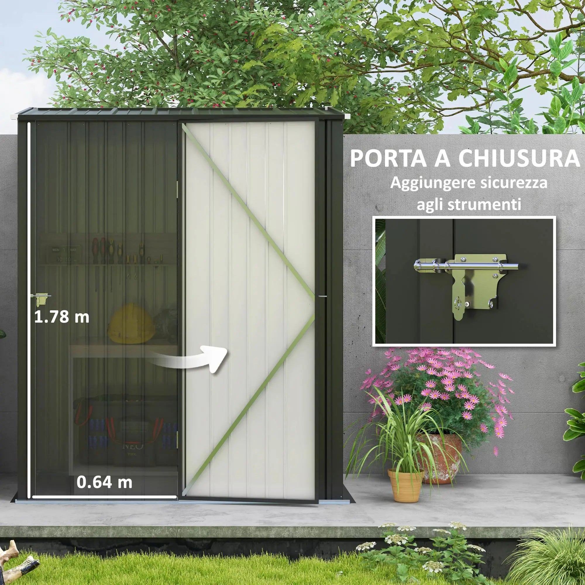 Garden Shed Tool Storage Shed in Steel Sheet with Lock, 161.5x94. 5x196cm, Black - Borge' Group Limited