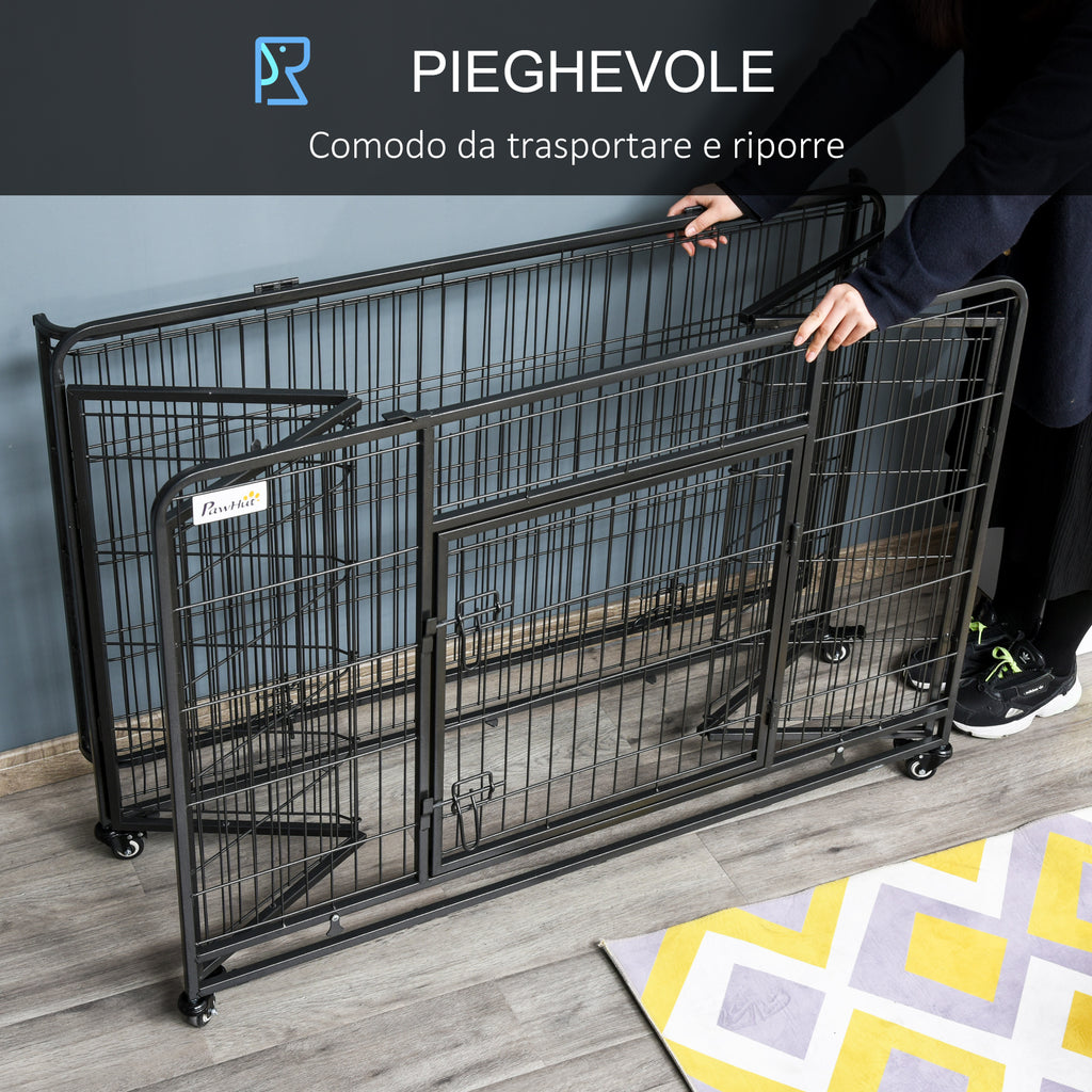 Kennel Folding Dog Cage Double Door with Lock 4 Wheels with Brake and Removable Bottom, 125x76x81cm