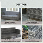 Outsunny 3-Seater Outdoor Sofa in PE Rattan and Metal with Seat and Back Cushions, 185x70x80 cm, Grey