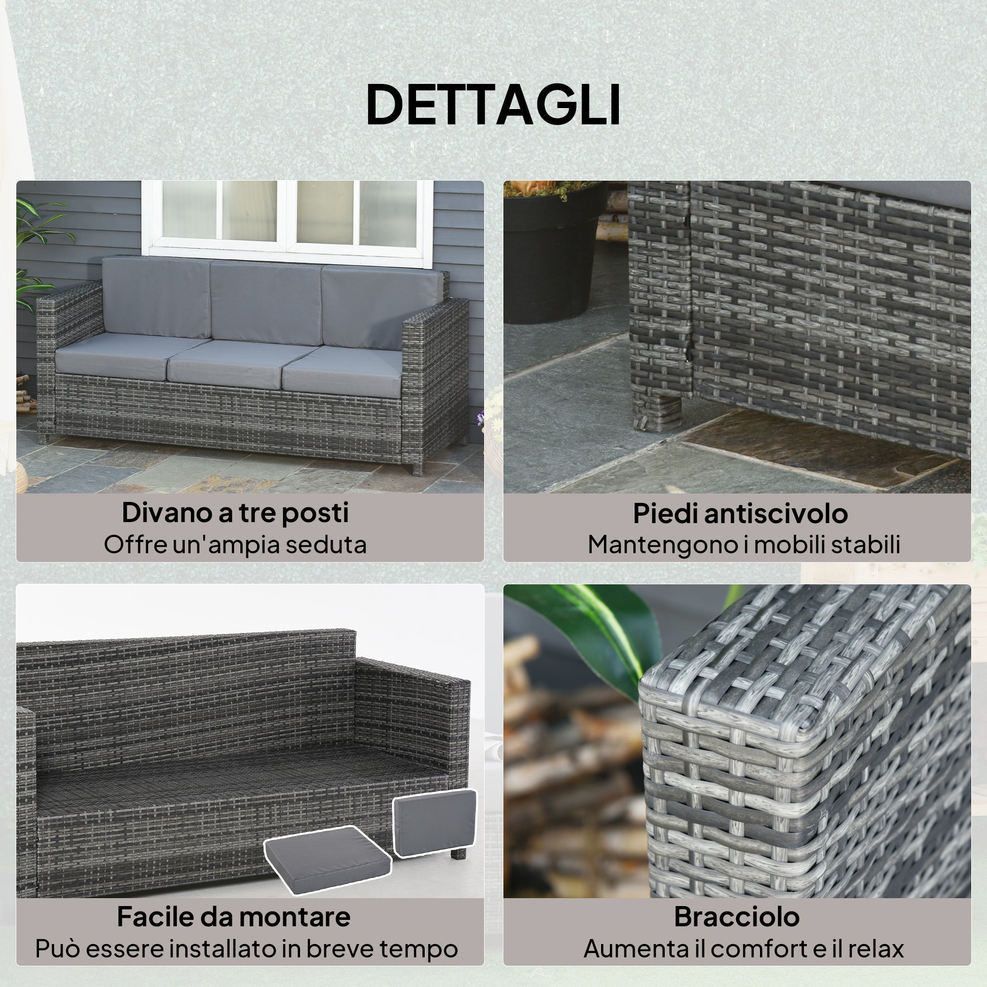 Outsunny 3-Seater Outdoor Sofa in PE Rattan and Metal with Seat and Back Cushions, 185x70x80 cm, Grey