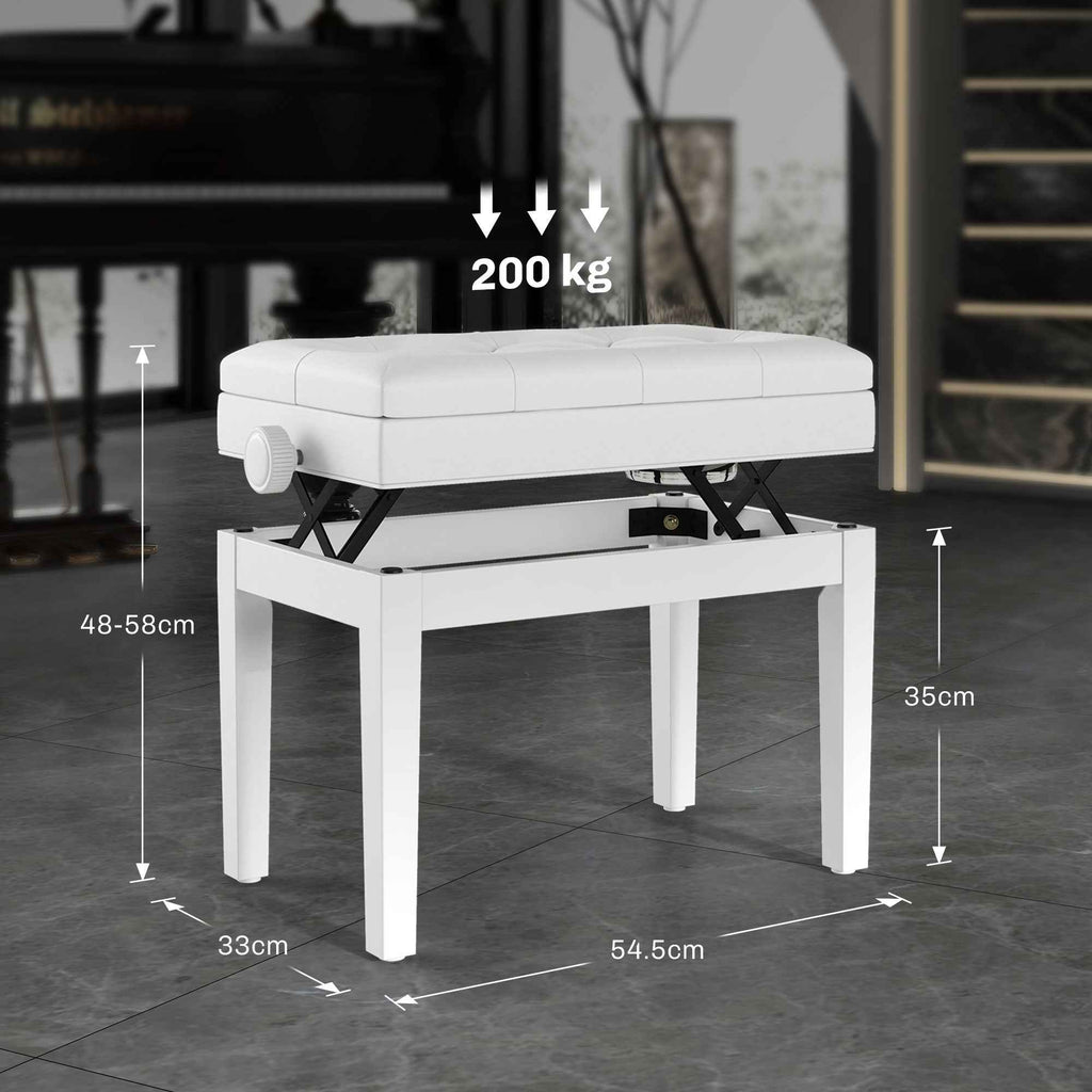 HOMCOM Adjustable Piano Stool with Storage Compartment and Padded Seat, 54.5x33x48-58 cm, White