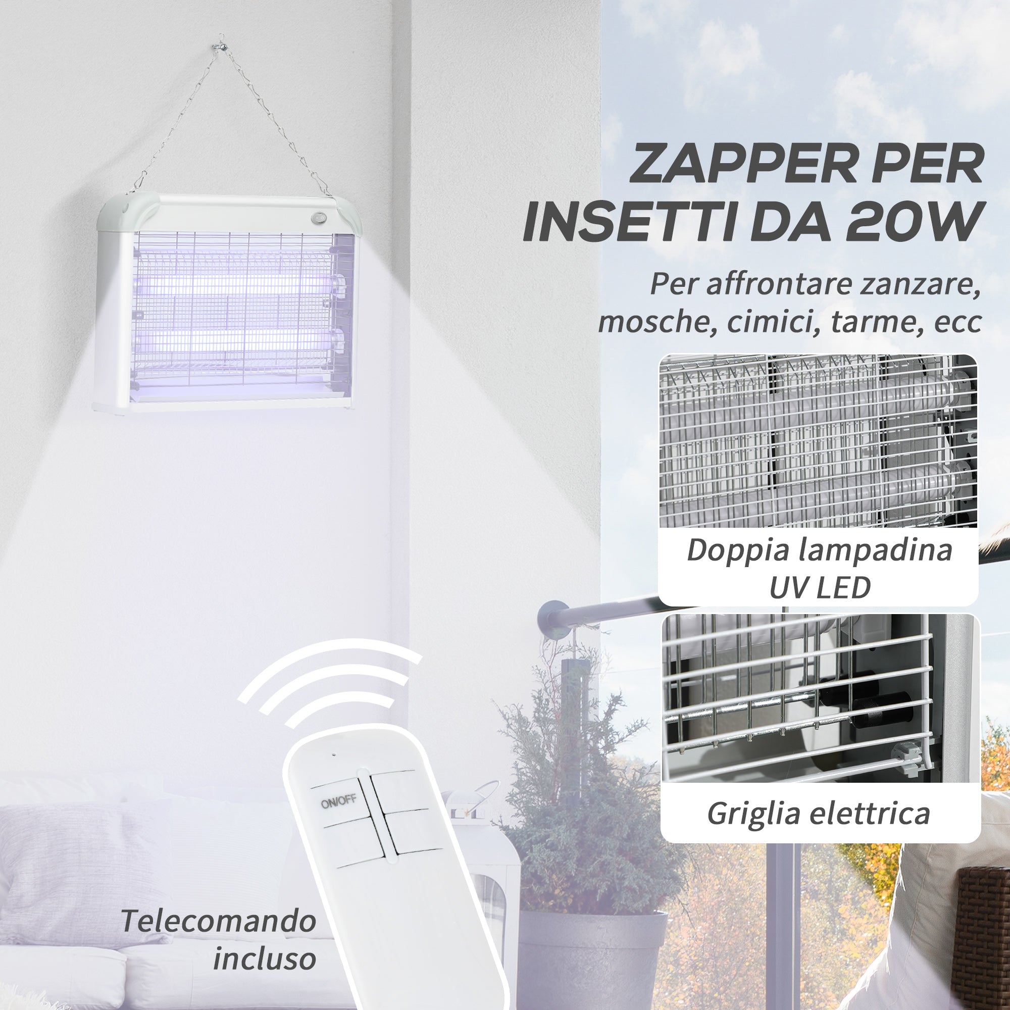 20W UV LED Mosquito Insect Zapper with Removable Tray, ABS and Metal, 39x8x28cm