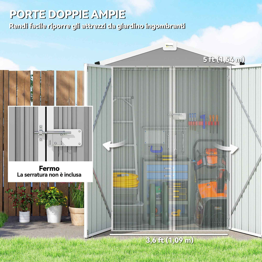 Outsunny 1.1m² Steel Garden Shed with Lockable Double Doors, 133x87x178cm, Silver Grey