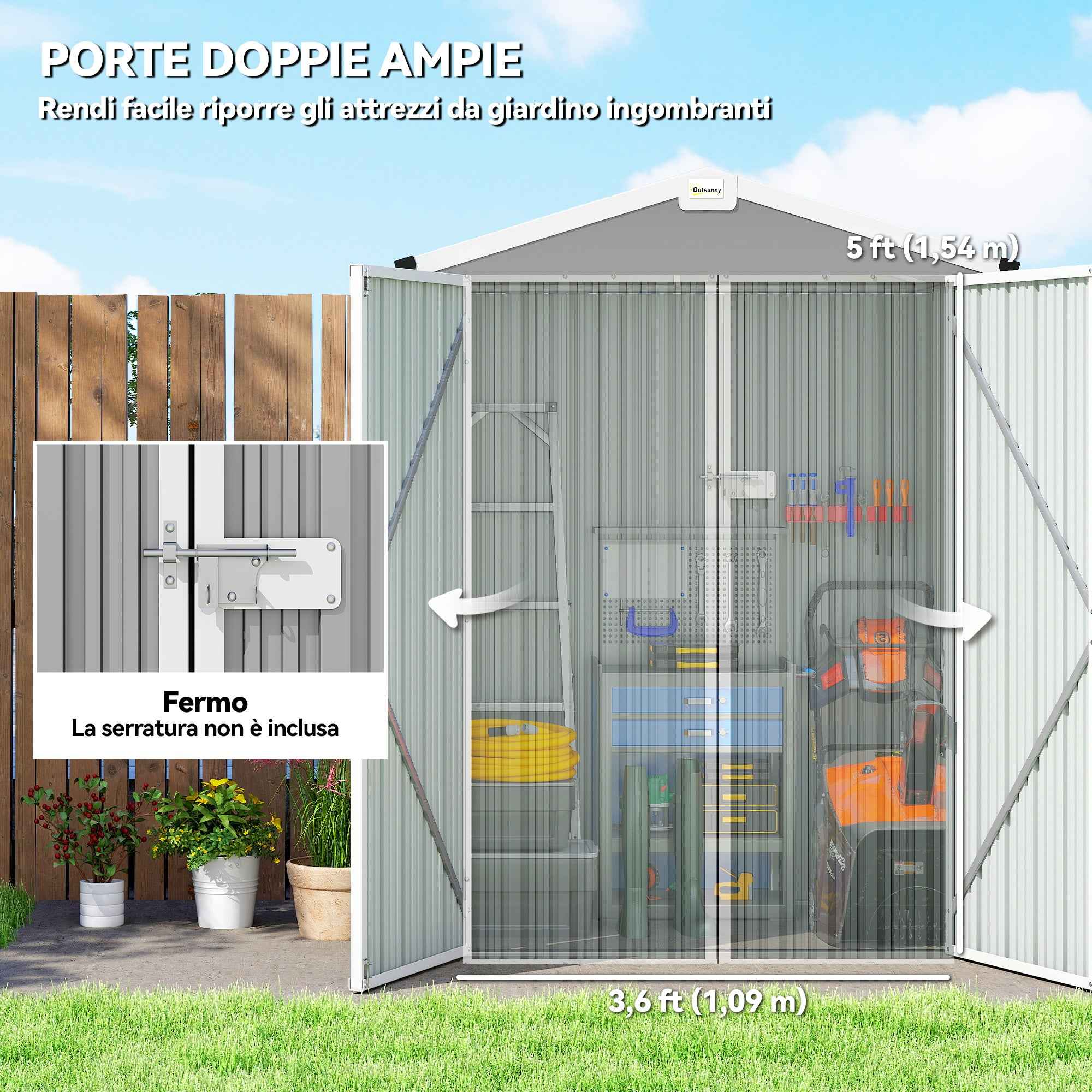 Outsunny 1.1m² Steel Garden Shed with Lockable Double Doors, 133x87x178cm, Silver Grey