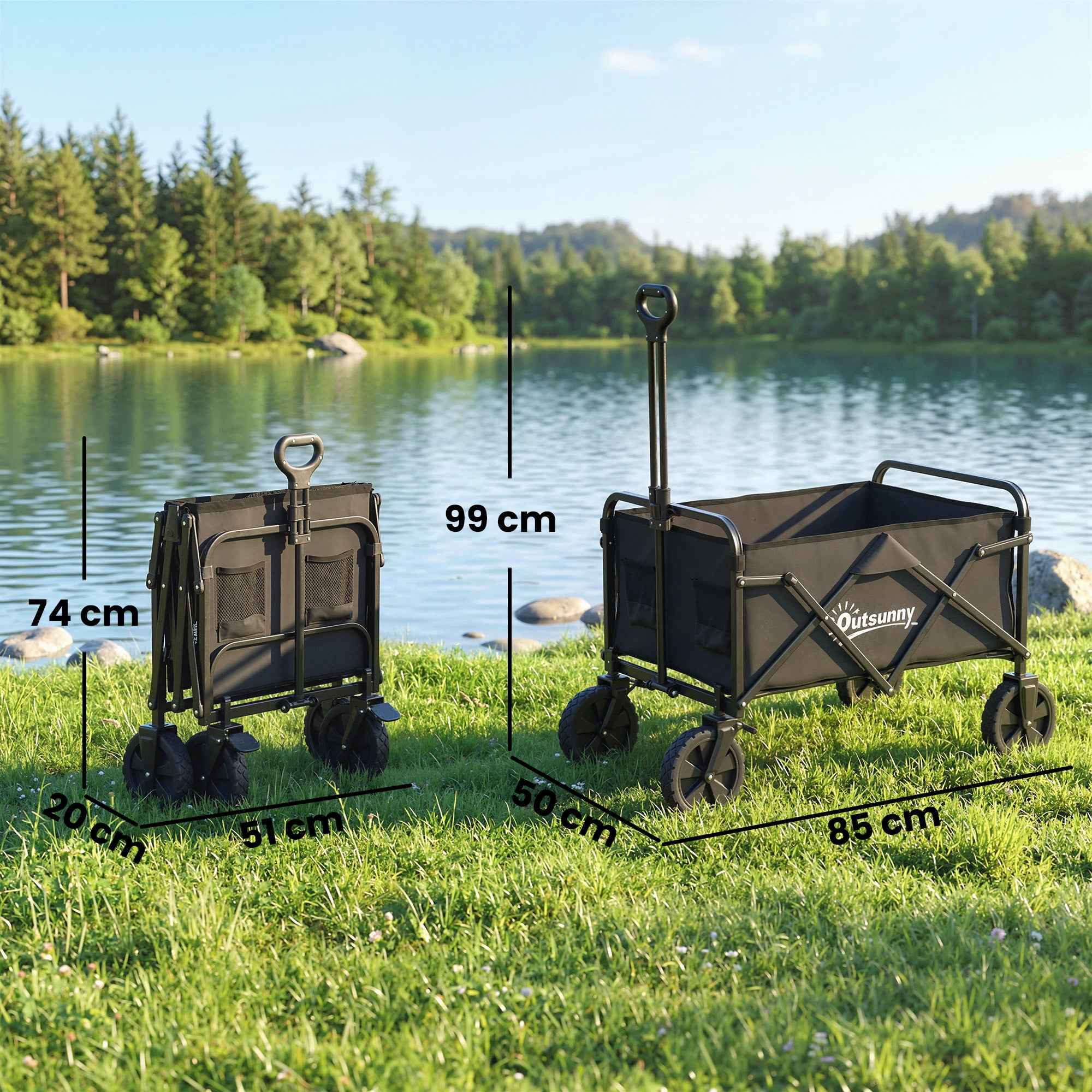 Outsunny 90L Folding Garden Cart with Adjustable Handle and Cup Holder, Black