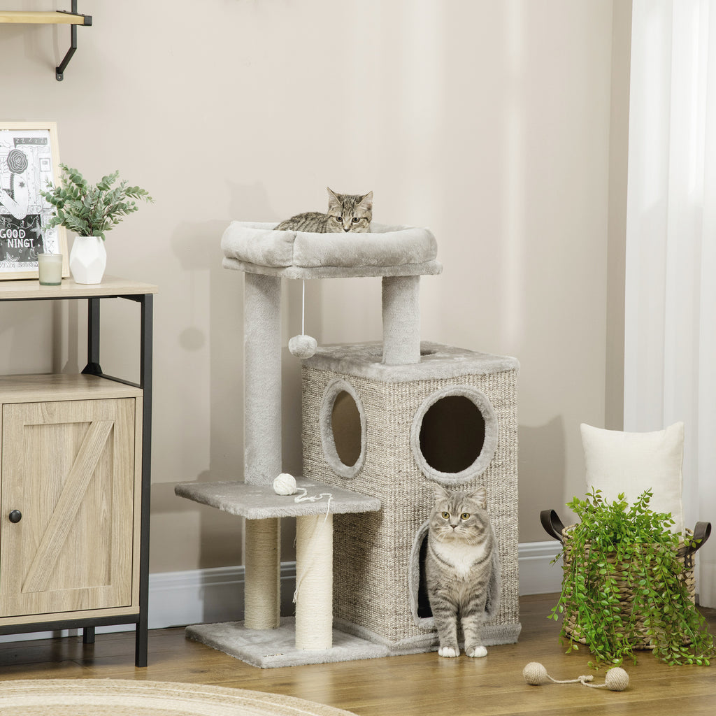 Cat Scratching Post for Cats up to 5kg with Bed and Play Ball, Made of Chipboard, Plush and Sisal, 60x40x91 cm