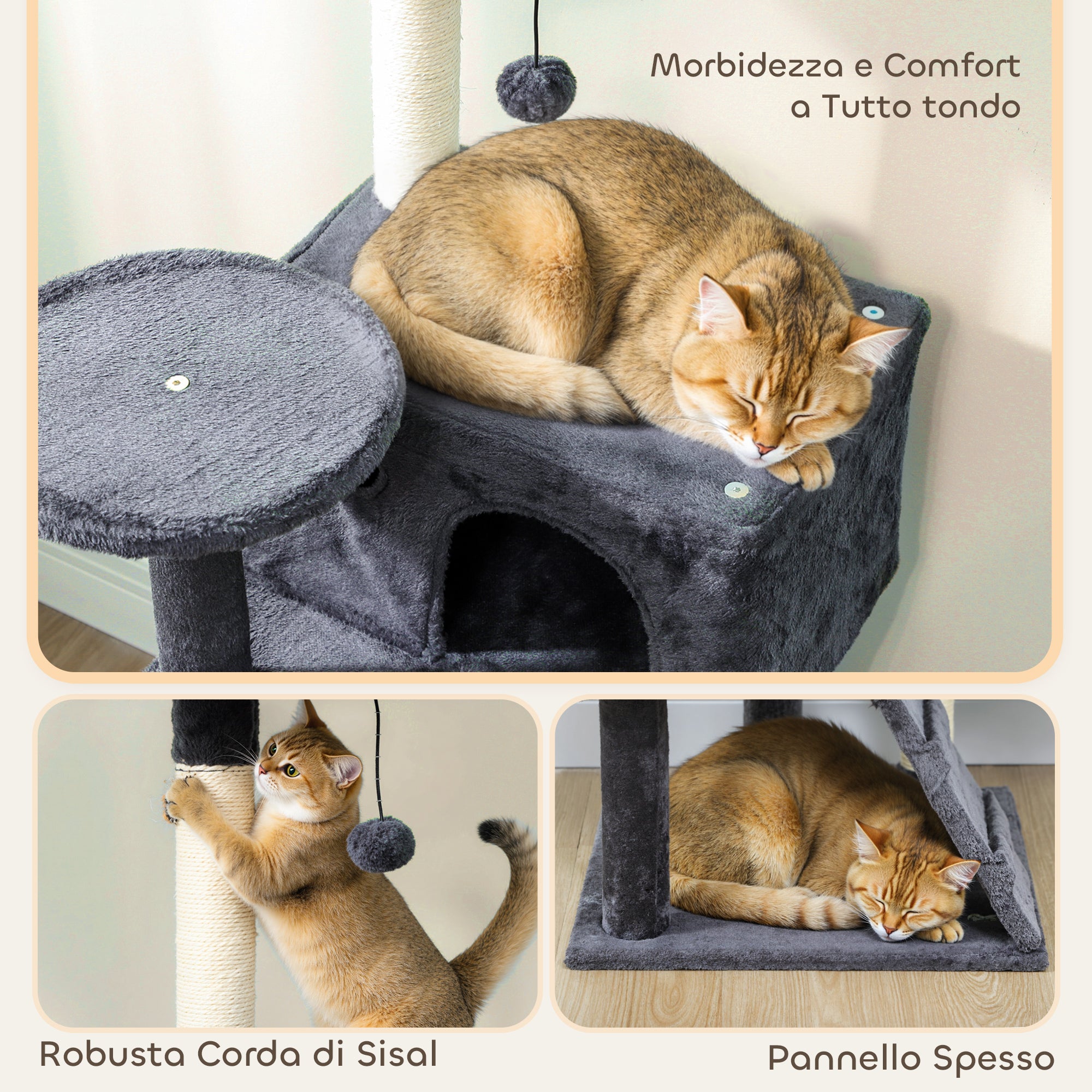 140cm Tall Cat Tree with 2 Houses, Bed and Hammock for 2-3 Cats, Plush Cover, Grey