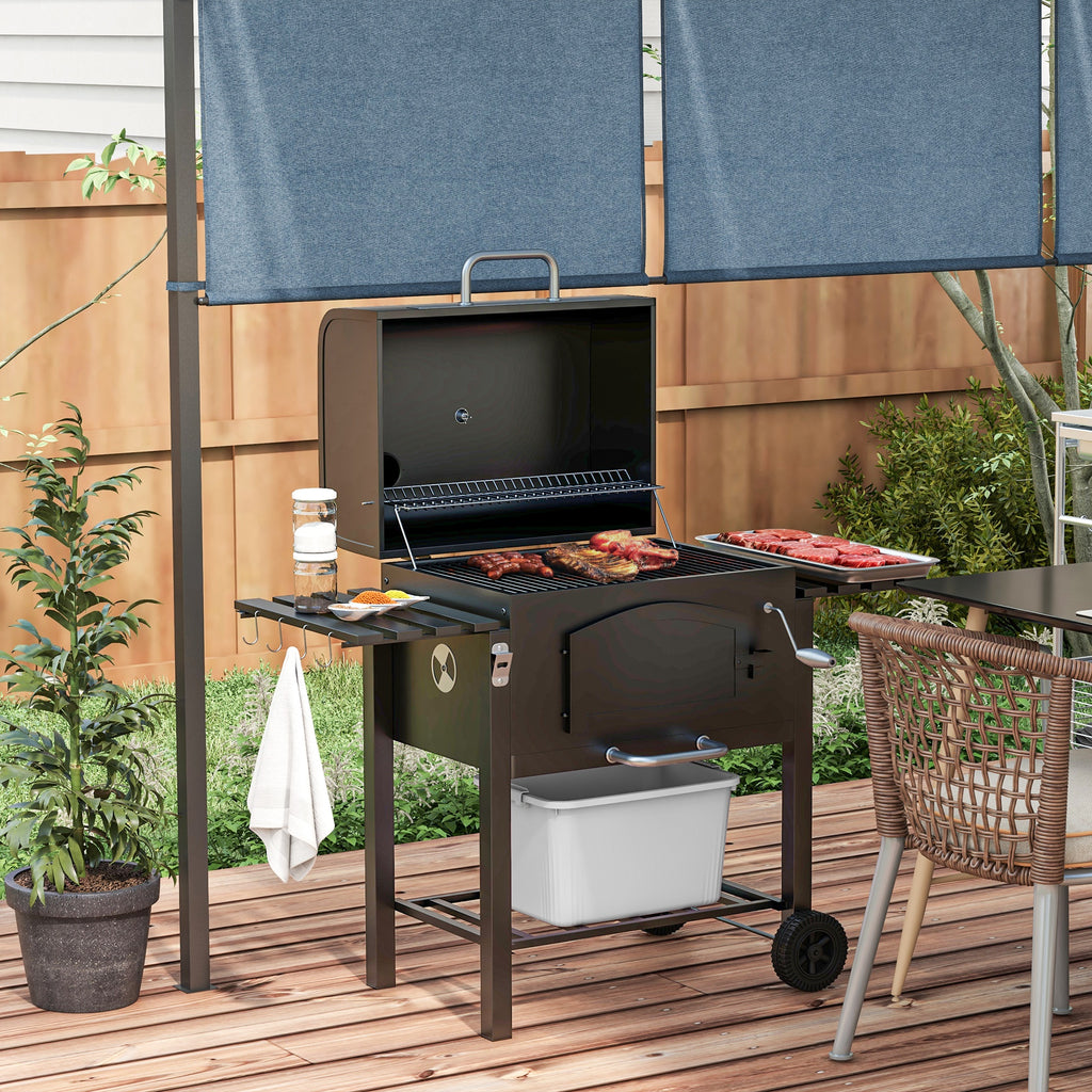 Outsunny 2-Wheel Garden Barbecue with Grill, Smoker and Stove, in Metal and Cast Iron, 124x66x112 cm, Black - Borgè
