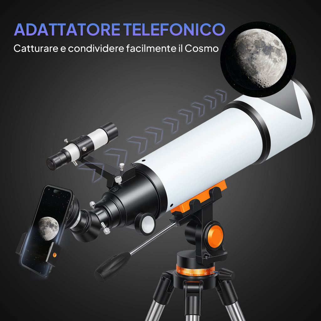 80mm Astronomical Telescope with AZ Mount, 2 Eyepieces and Smartphone Adapter, 92x92x130 cm, Black and White