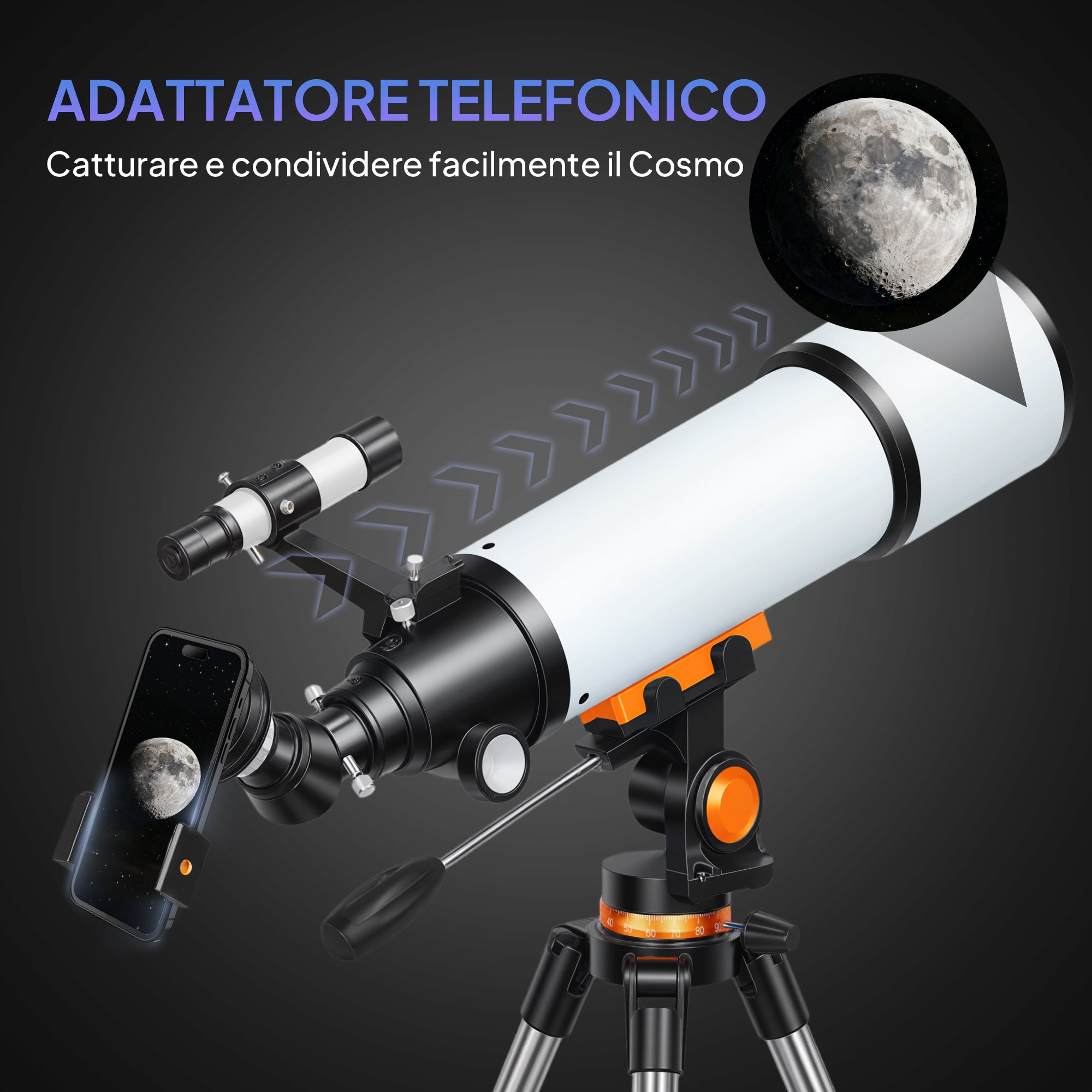 80mm Astronomical Telescope with AZ Mount, 2 Eyepieces and Smartphone Adapter, 92x92x130 cm, Black and White