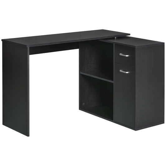 Corner Desk for Study and Office with 2 Drawers and 2 Shelves, Wooden, 117x82x74 cm, Black