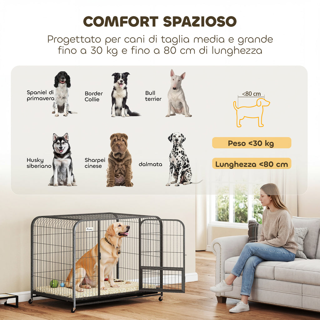 PawHut Steel Dog Cage with Wheels, 3 Doors, Removable Tray and Secure Lock, Black