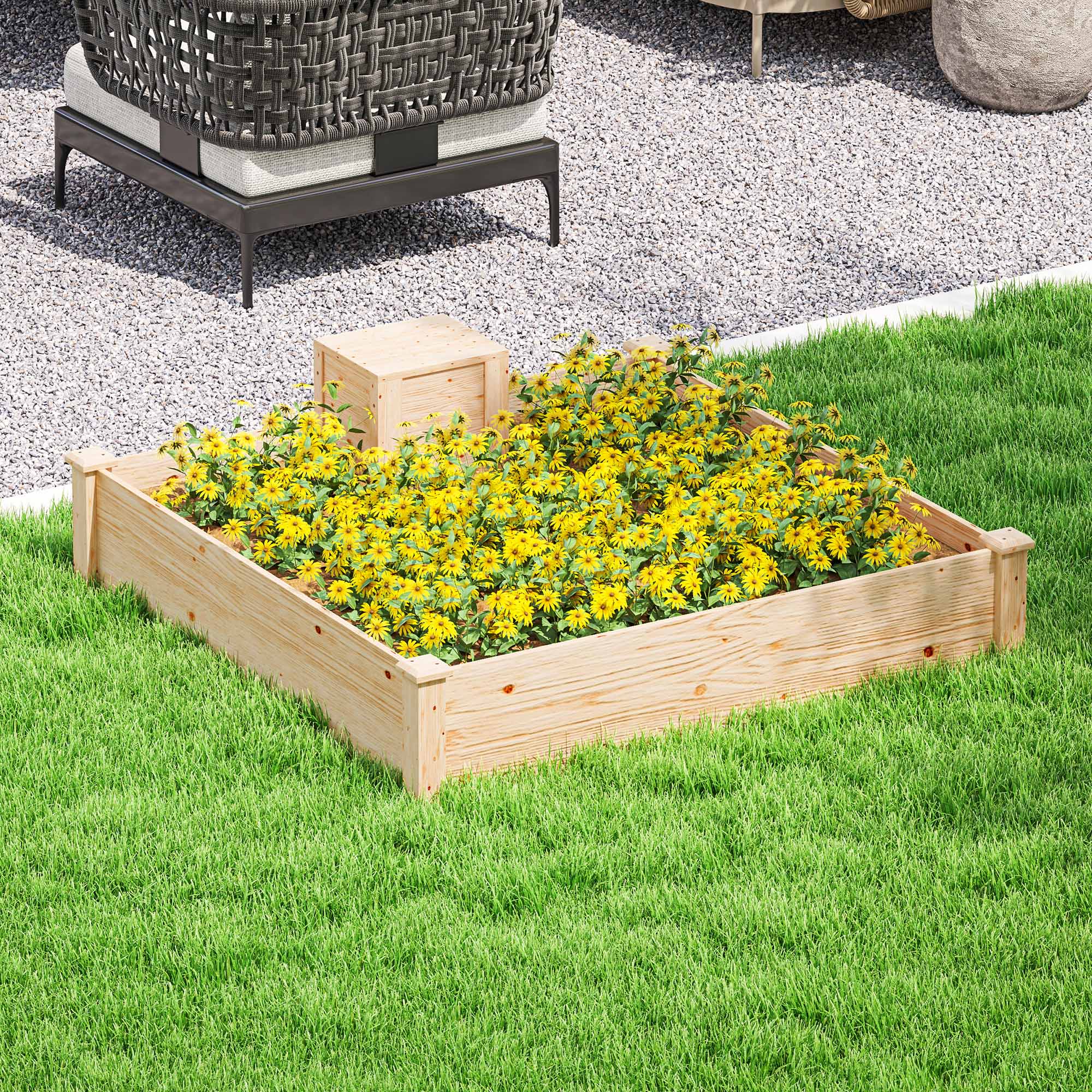 Outdoor Planter in Fir Wood with Composter and Open Bottom, 123x123x25.5 cm, Wood color