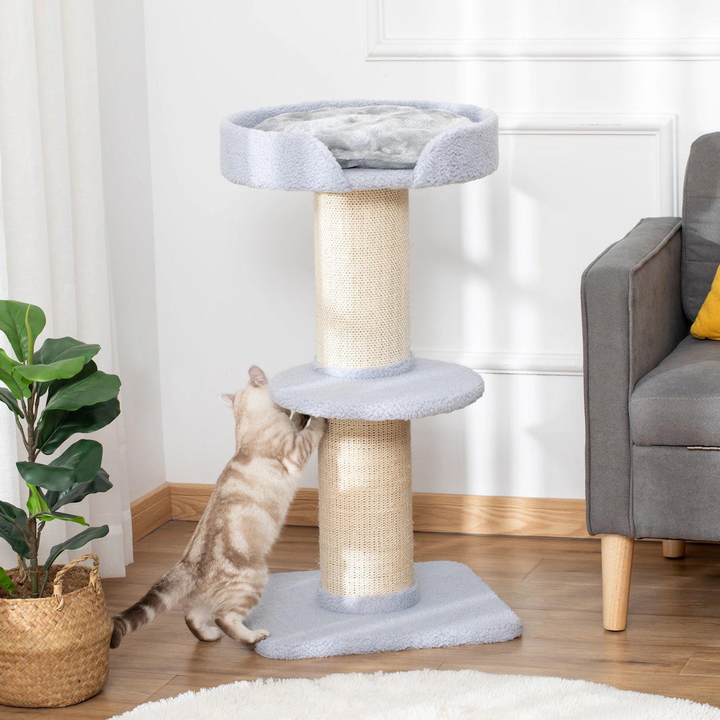 Cat Scratching Post with Bed, Plush Cover and Sisal Pole, 45x45x91cm, Blue