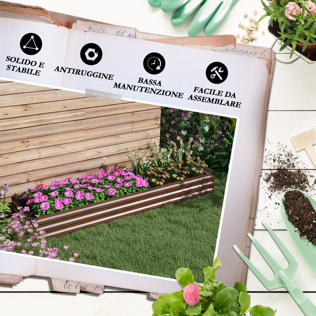 Outsunny 405L Open Bottom Metal Raised Planter, 240x60x30cm, Dark Wood Color