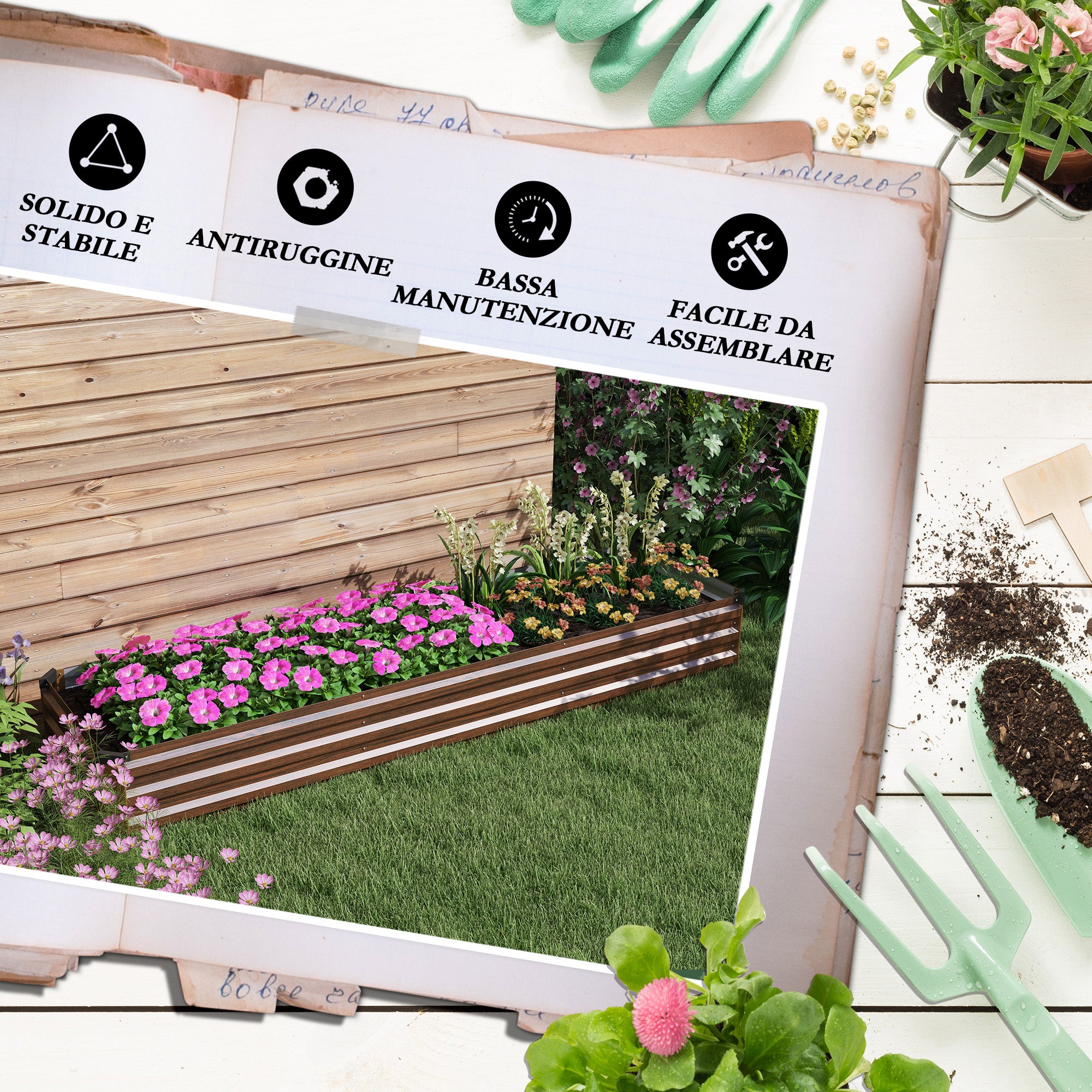 Outsunny 405L Open Bottom Metal Raised Planter, 240x60x30cm, Dark Wood Color