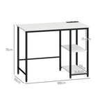 Desk with 2-Tier Bookshelf and Charging Sockets, in Wood and Metal, 100x50x75 cm, White and Black