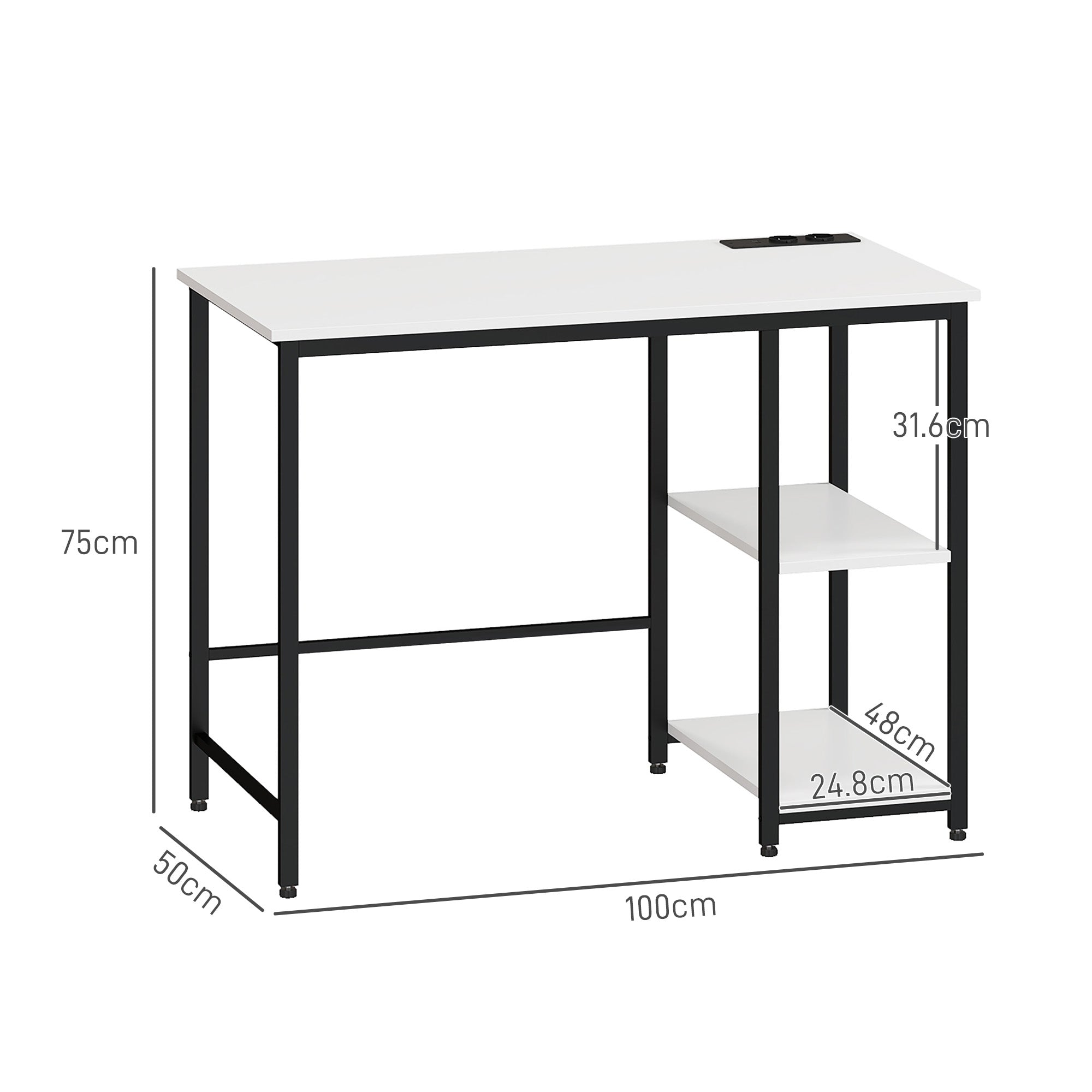 Desk with 2-Tier Bookshelf and Charging Sockets, in Wood and Metal, 100x50x75 cm, White and Black