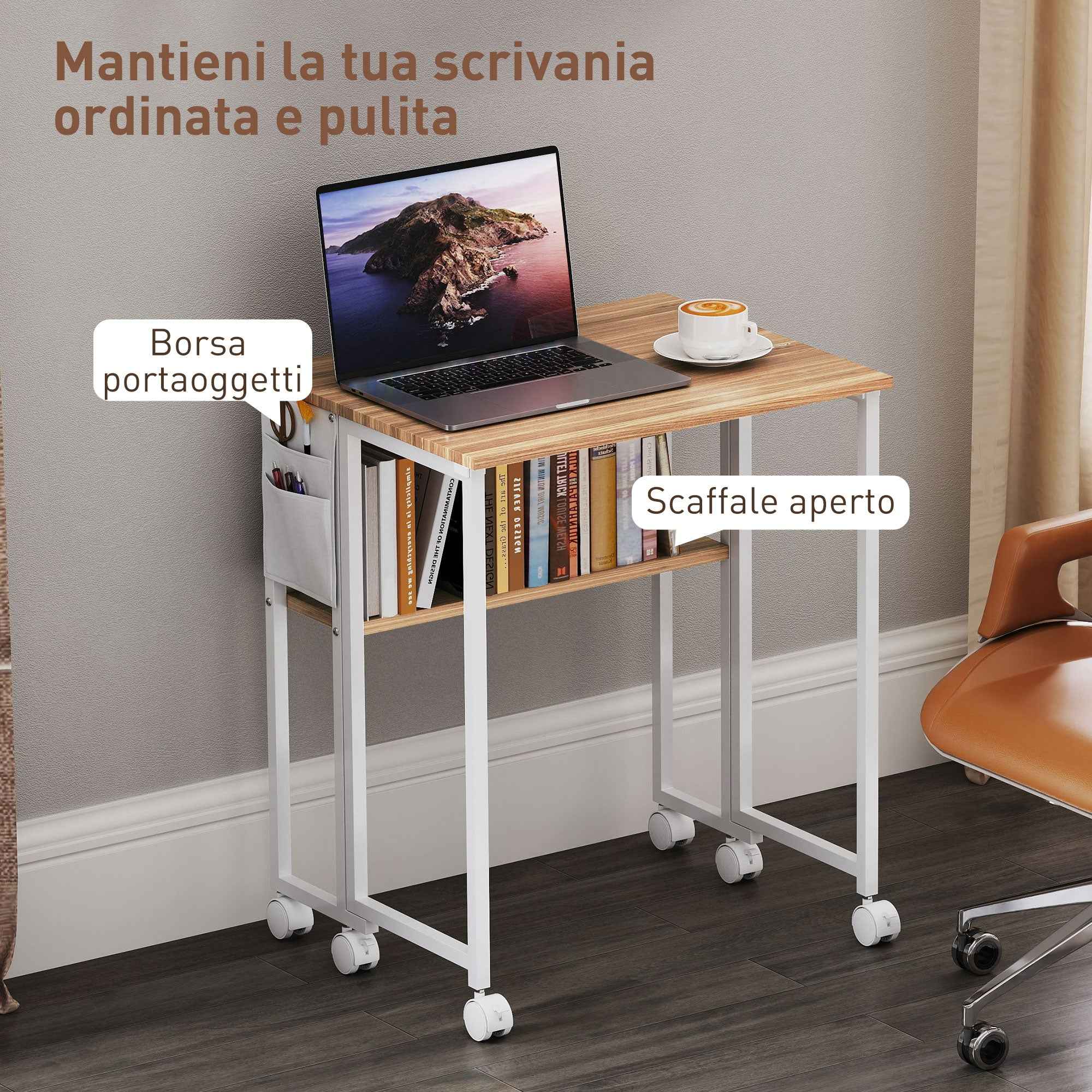 HOMCOM Space-Saving Folding Desk with Drop-Leaf Top, Storage Pocket, and Wheels, Natural Wood