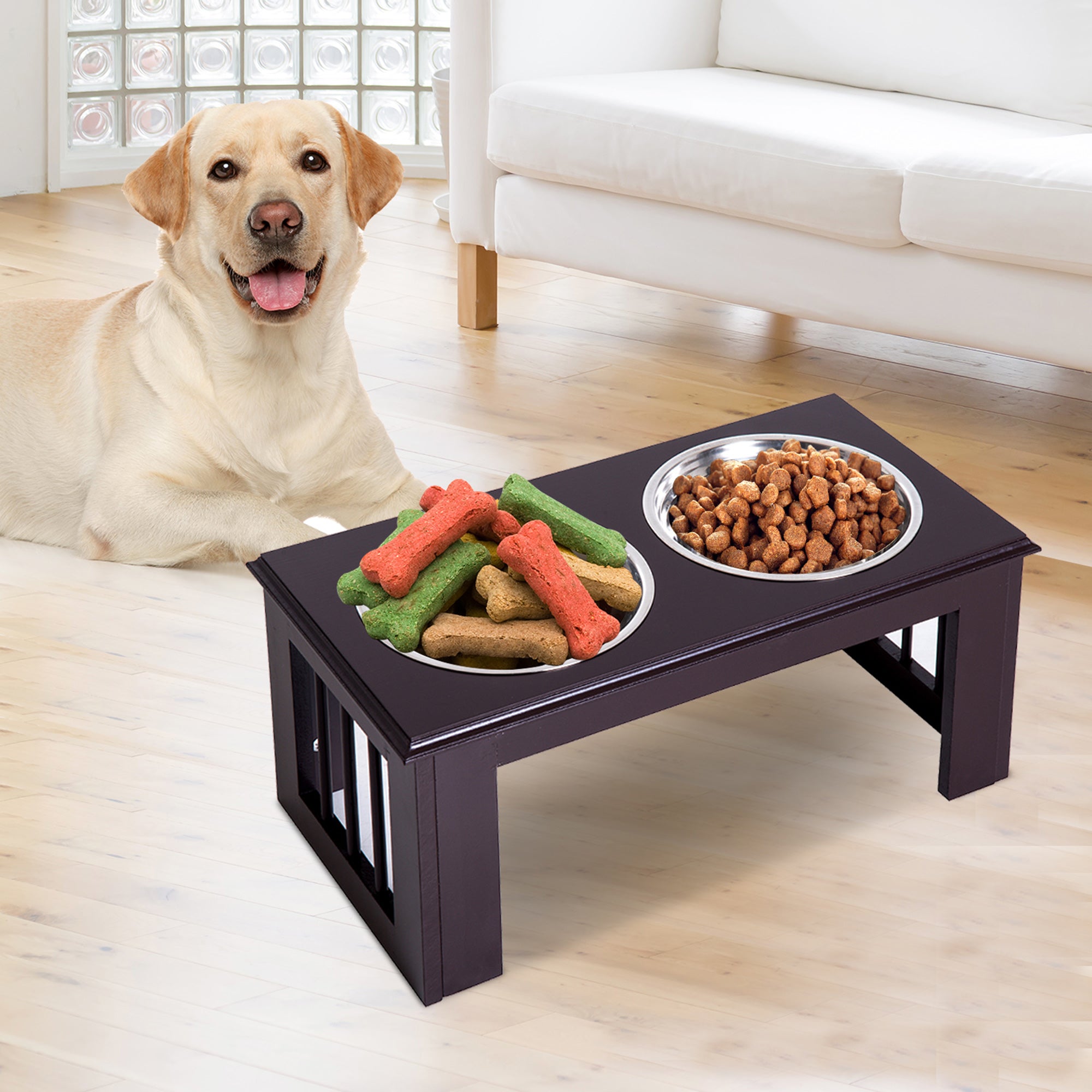Pawhut Stainless Steel Raised Dog Bowl, MDF Wood Base, with 2 Plates - Borgè