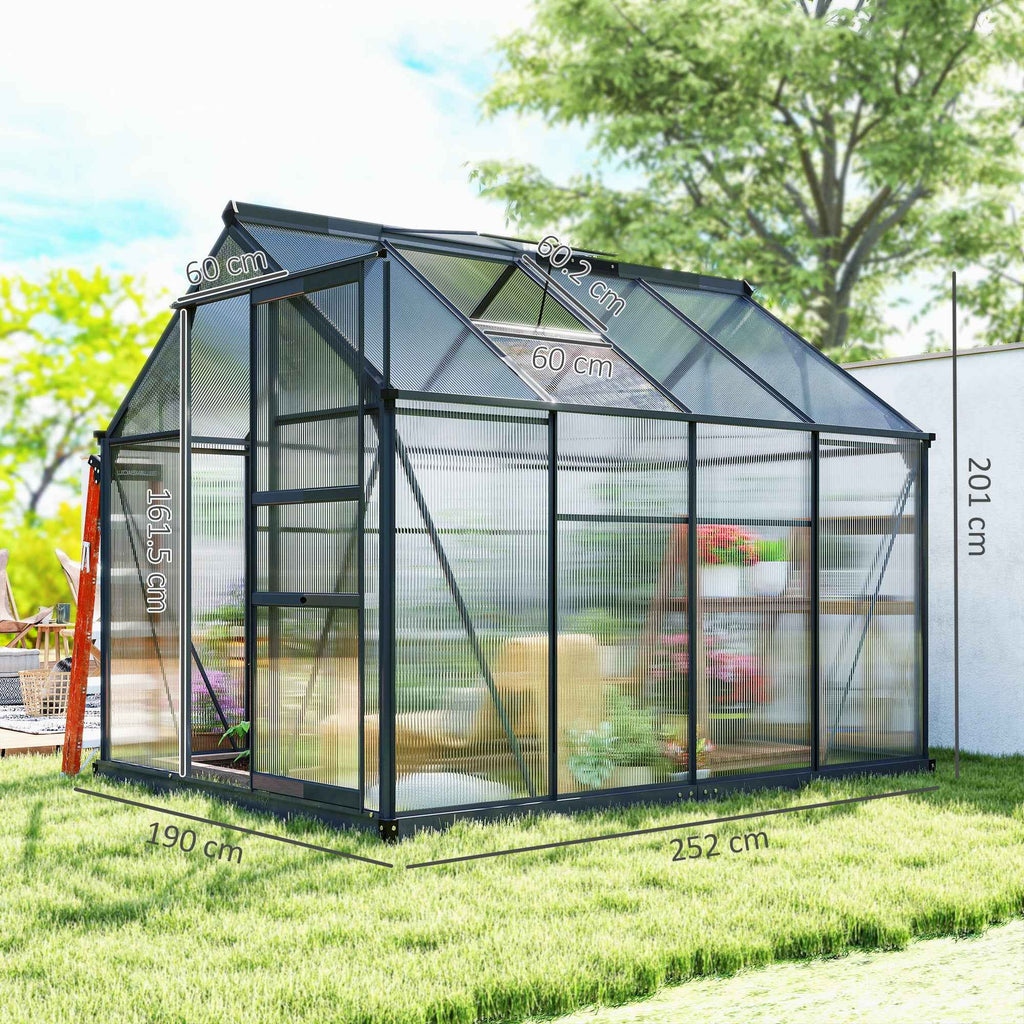 Outsunny Polycarbonate and Aluminum Greenhouse with Sliding Door, Air Vent and Gutter, 190x252x201 cm, Gray