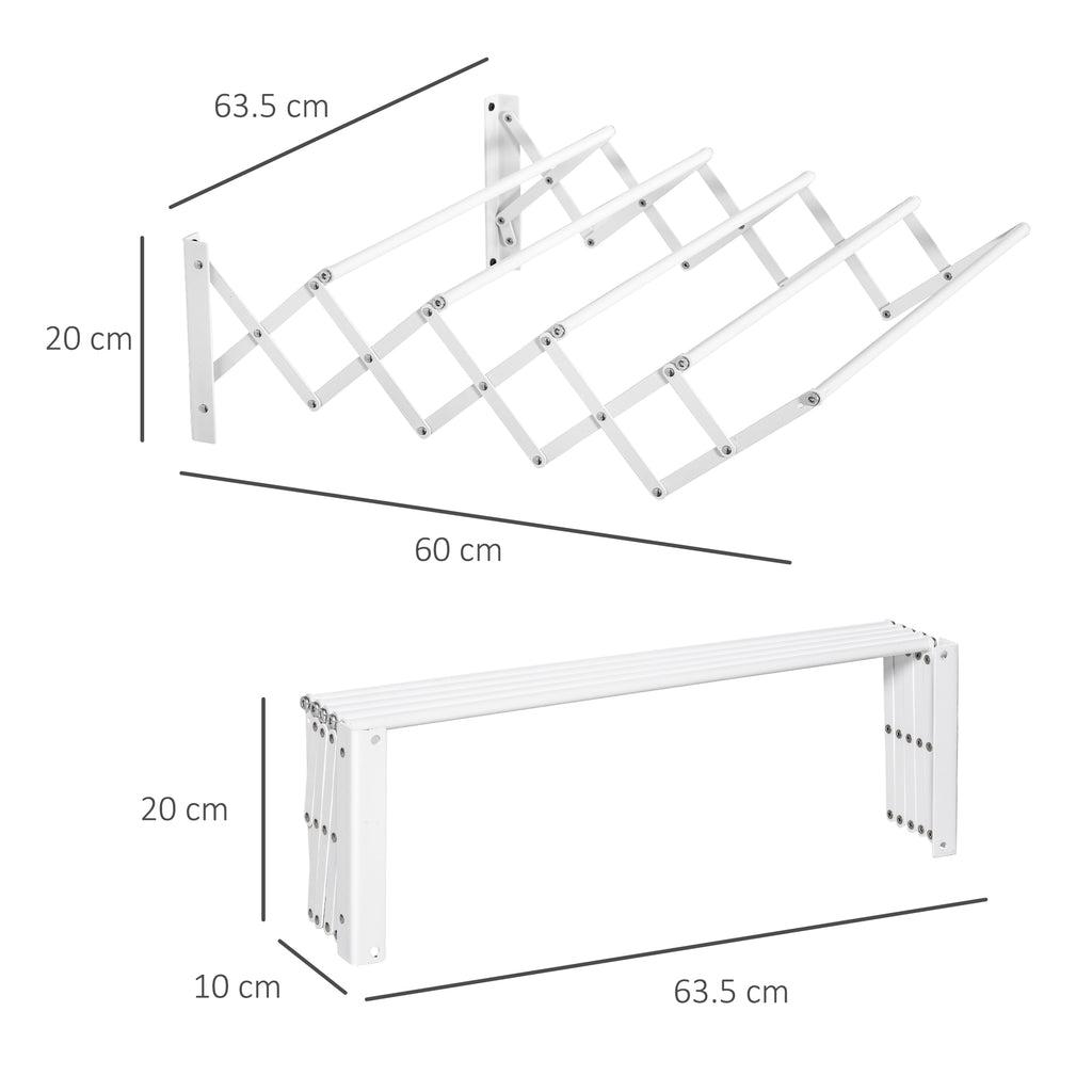 HOMCOM Retractable Wall-Mounted Clothes Airer for Indoor and Outdoor Use, 63.5 x 60 x 20 cm, White