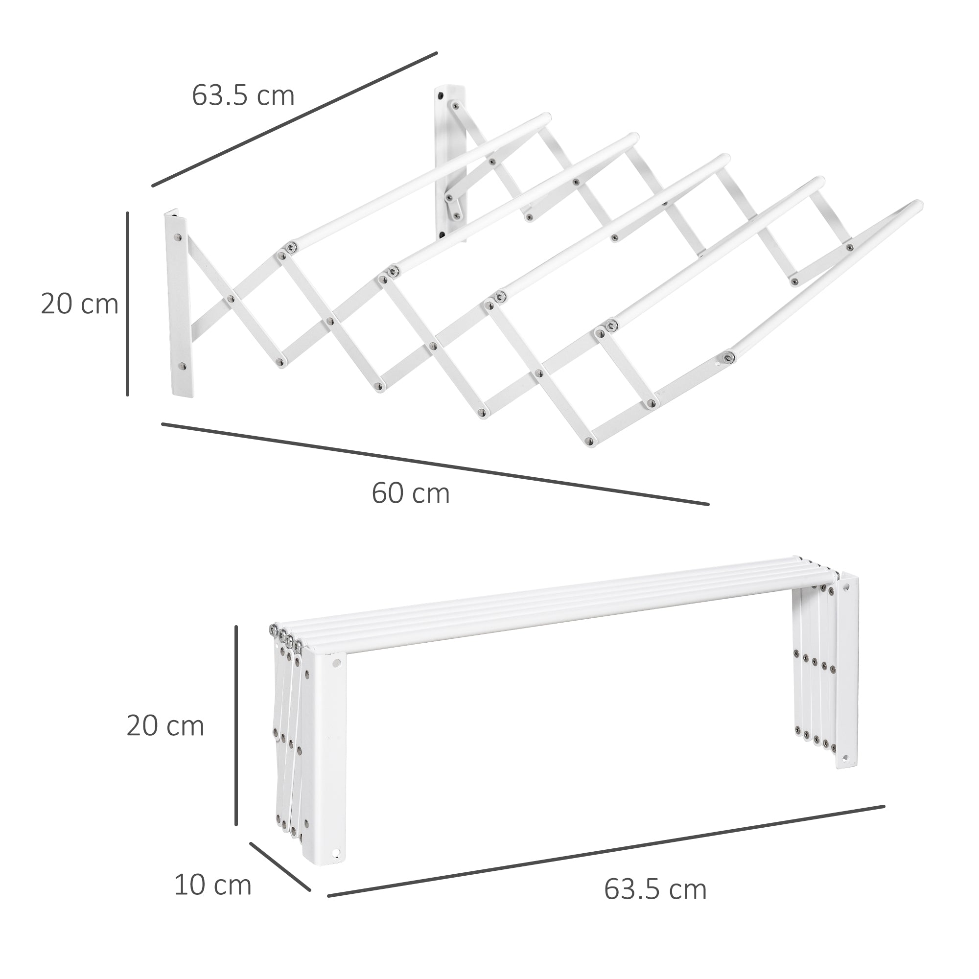 HOMCOM Retractable Wall-Mounted Clothes Airer for Indoor and Outdoor Use, 63.5 x 60 x 20 cm, White