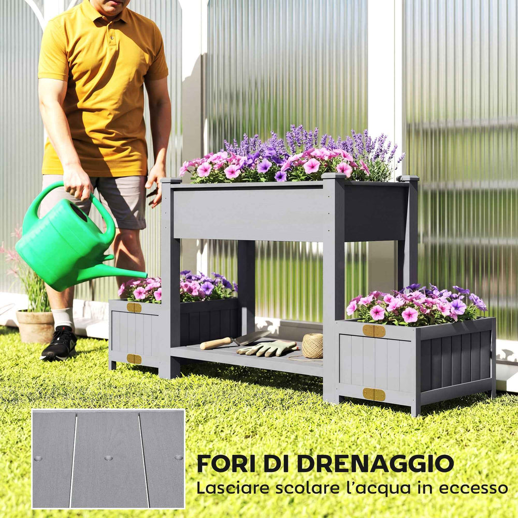 Outsunny Raised Planter with 2 Side Pots and Tool Shelf, in Fir Wood, 149x46x76 cm, Grey