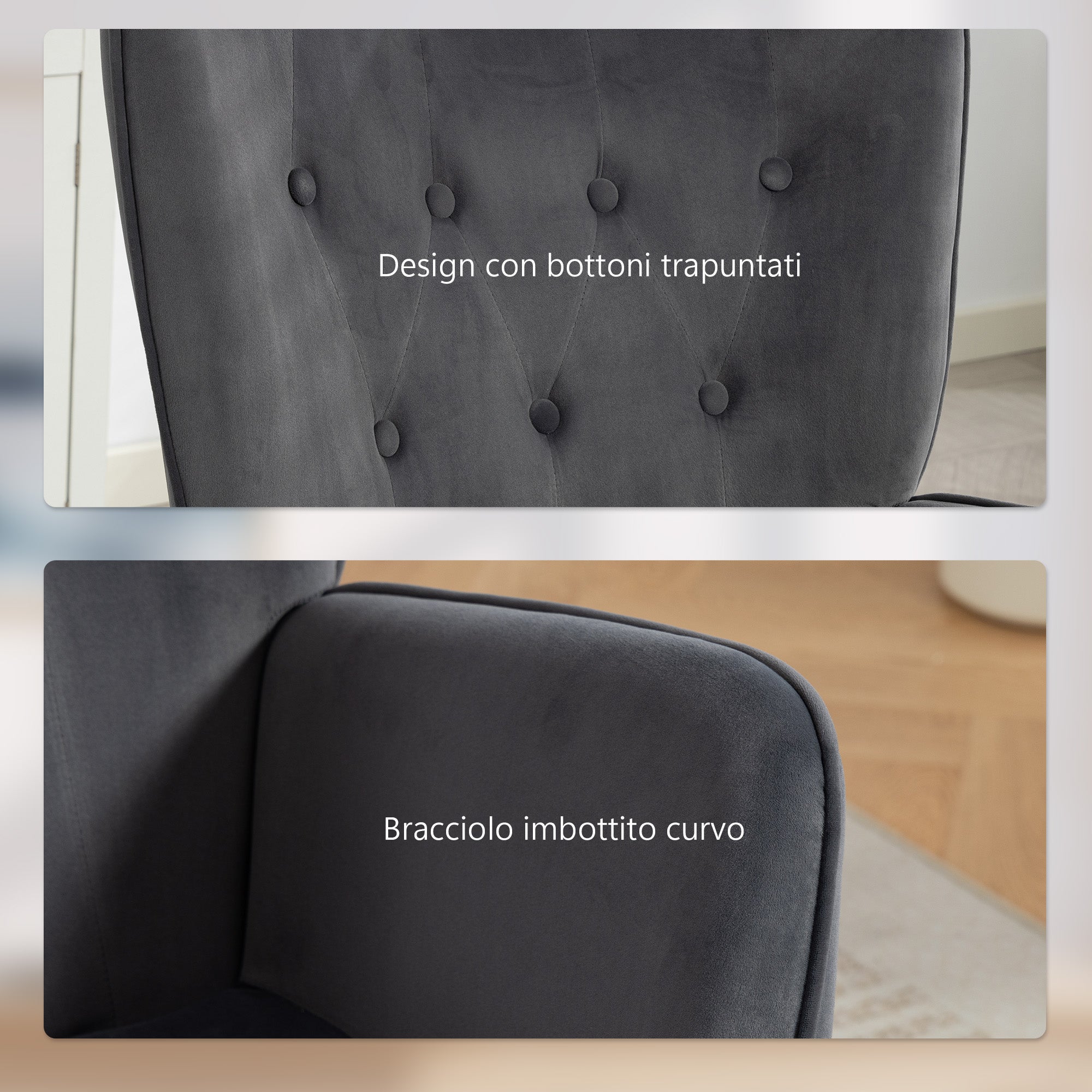 Swivel Lounge Chair with Velvet Armrests, Rocking and Adjustable Height, Dark Grey