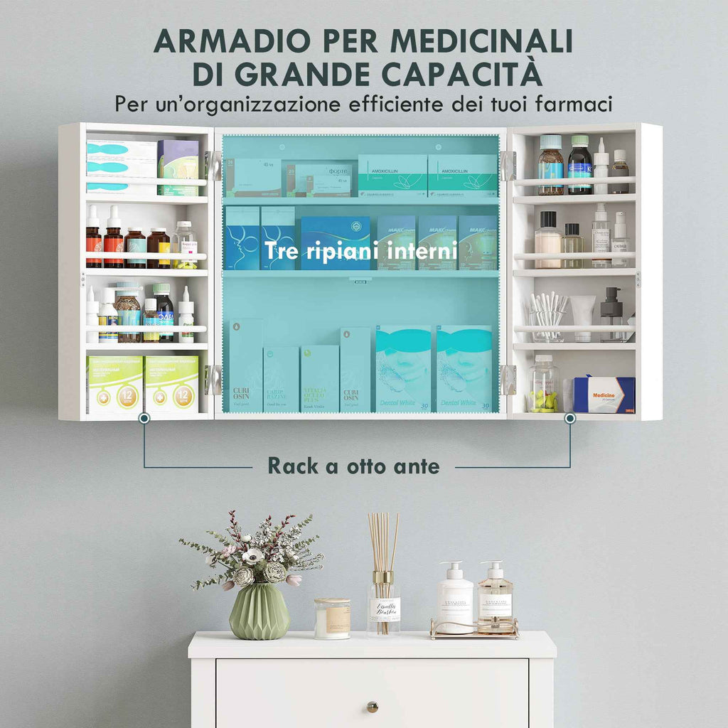 HOMCOM Medicine Cabinet with 3 Internal Shelves and 8 Bottle Holders, Made of Wood and Metal, 53x20x53 cm, White