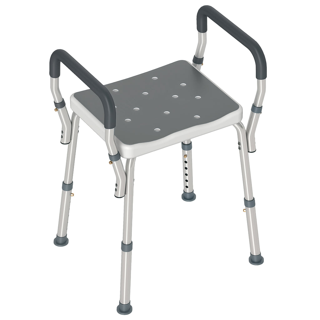 HOMCOM Adjustable Shower Stool with Armrests and Drainage Holes in Aluminum, 52x45x57-69 cm, Gray