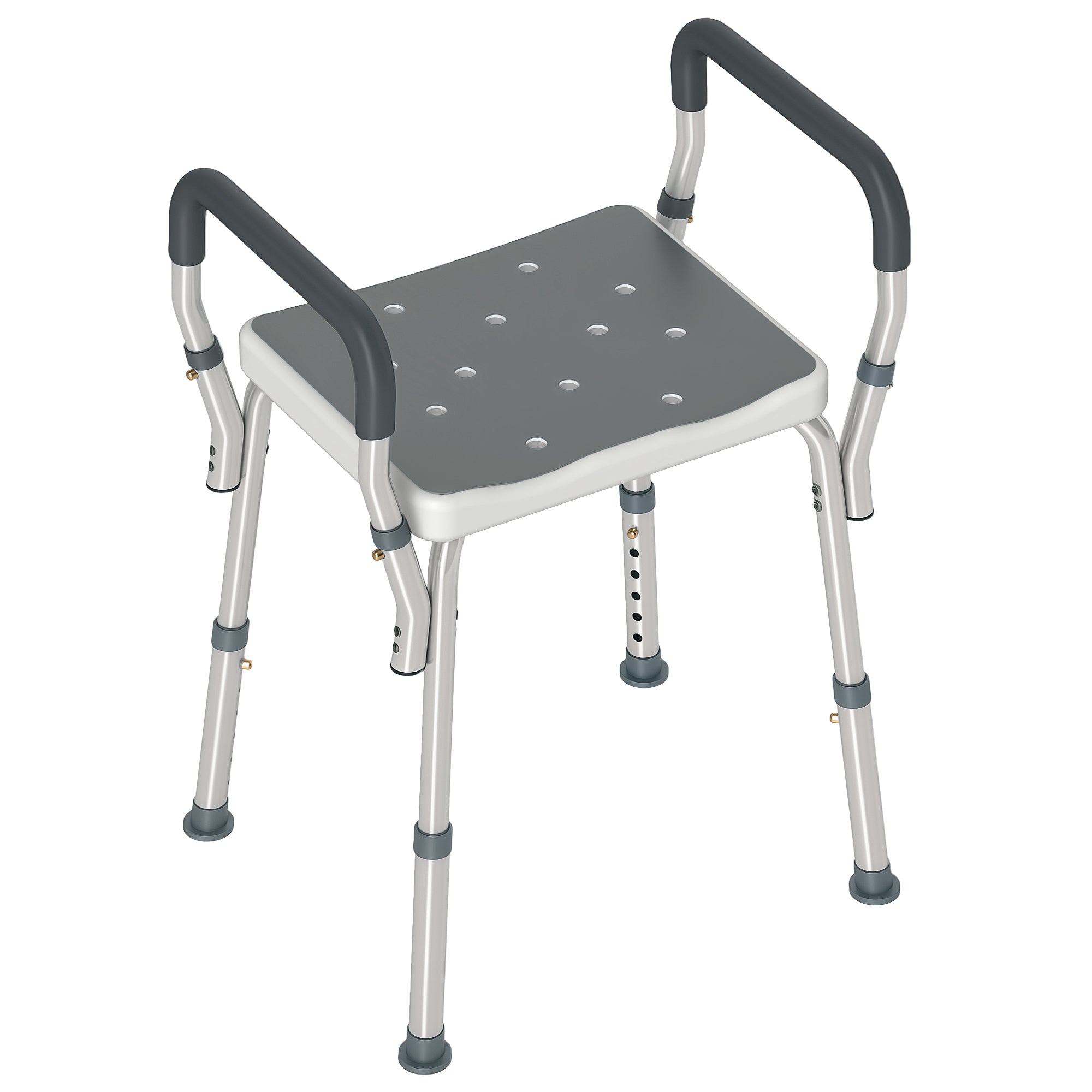 HOMCOM Adjustable Shower Stool with Armrests and Drainage Holes in Aluminum, 52x45x57-69 cm, Gray