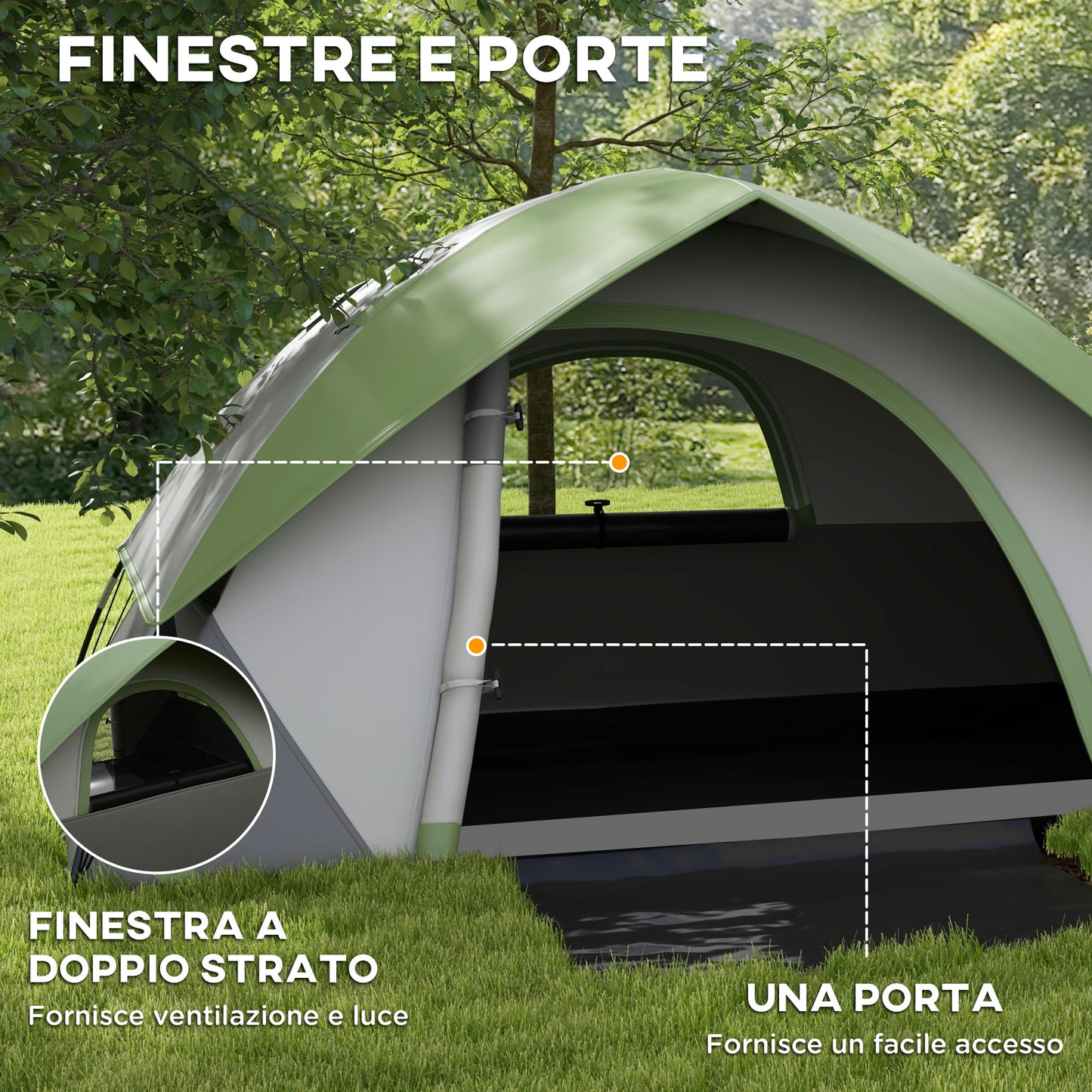 Outsunny 3-Person Camping Tent with Mesh Window, in Polyester, Fiberglass and PE, 270x210x150 cm, Gray and Green - Borgè