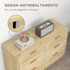 6-Drawer Chest of Drawers, Boho Style, for Bedroom and Entrance, Made of Wood and Rattan, 110x40x69 cm, Oak