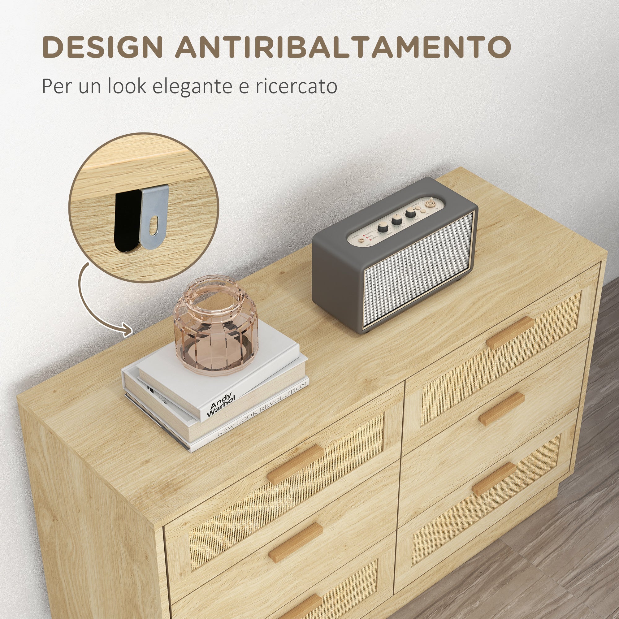 6-Drawer Chest of Drawers, Boho Style, for Bedroom and Entrance, Made of Wood and Rattan, 110x40x69 cm, Oak