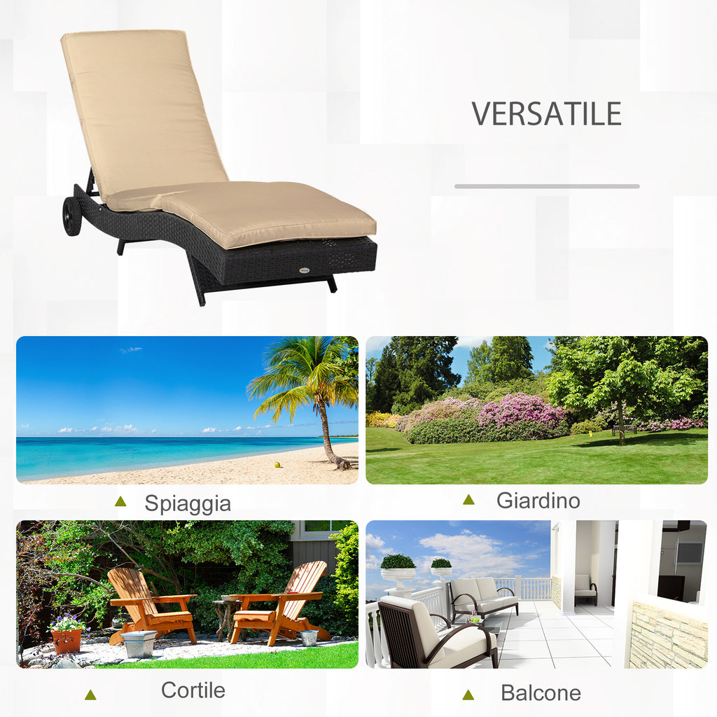 PE Rattan Garden Lounger with Adjustable Backrest and Cushion, 207x70x70cm, Black