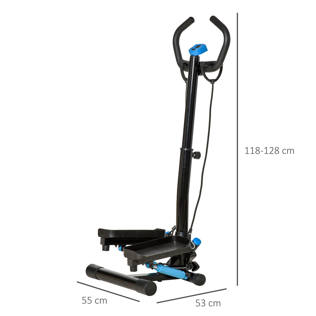 HOMCOM Stepper with LCD Monitor, Adjustable Handlebar and Elastic Bands, 55x53x118-128cm, Black and Blue - Borgè