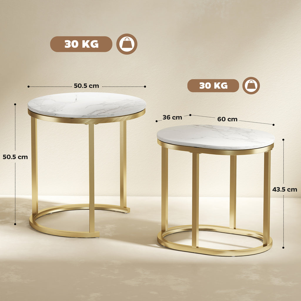 Set of 2 Coffee Tables with Marble Effect Top, in Wood and Steel, Ø50x50.5 cm and 60x36x43.5 cm, White