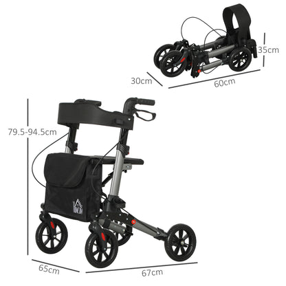 Height-Adjustable Aluminum Folding Walker with Bag, 67x65x79.5-94 cm, Black and Silver