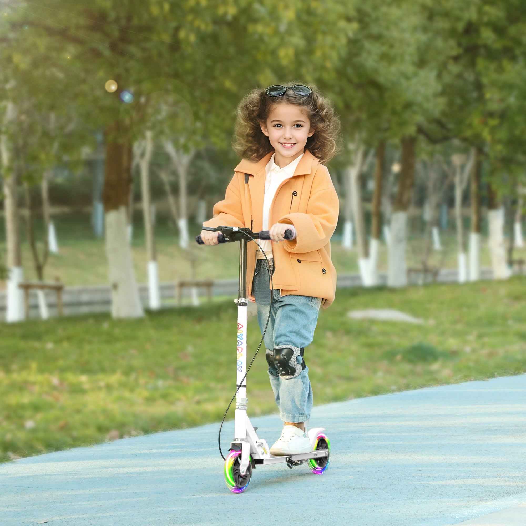 AIYAPLAY Scooter for Kids Ages 3-8 with Light-Up Wheels, Adjustable Handle and Rear Brake, White
