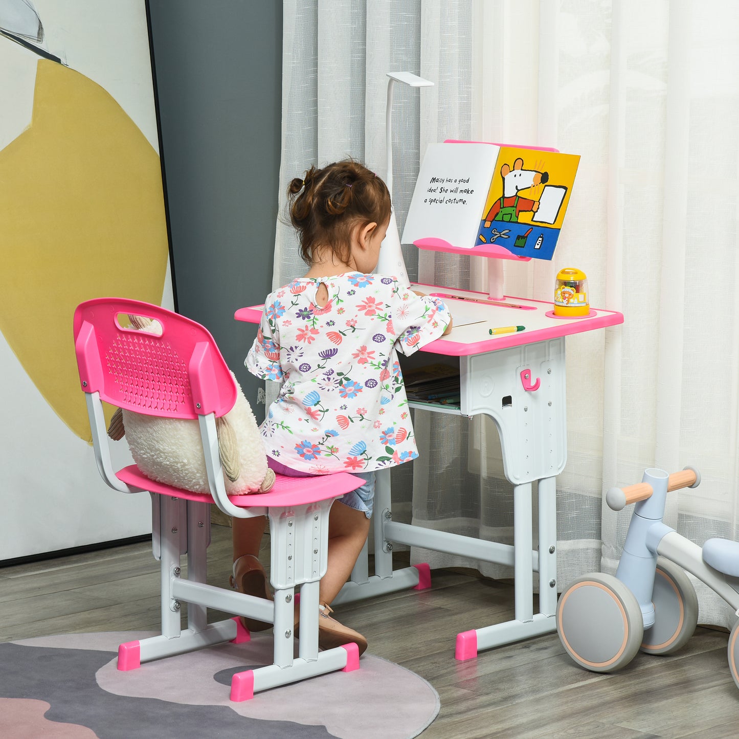 School Desk with Chair for Children 6-12 Years Adjustable Height, LED Lamp, Lectern and Pen Holder, Steel and MDF, Pink - Borgè