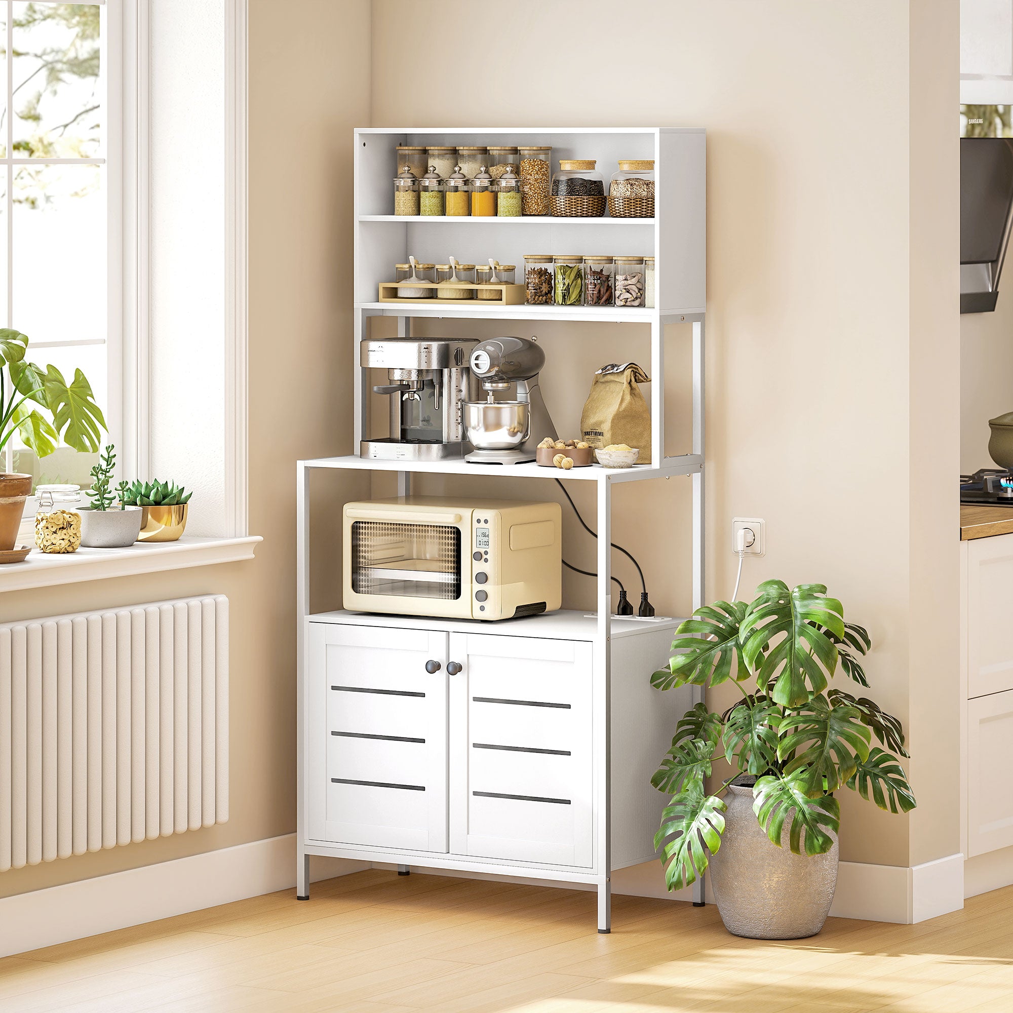 Mobile Pantry with Shelves, Cabinets and 2 Charging Sockets, in Wood and Steel, 80x42x171 cm, White