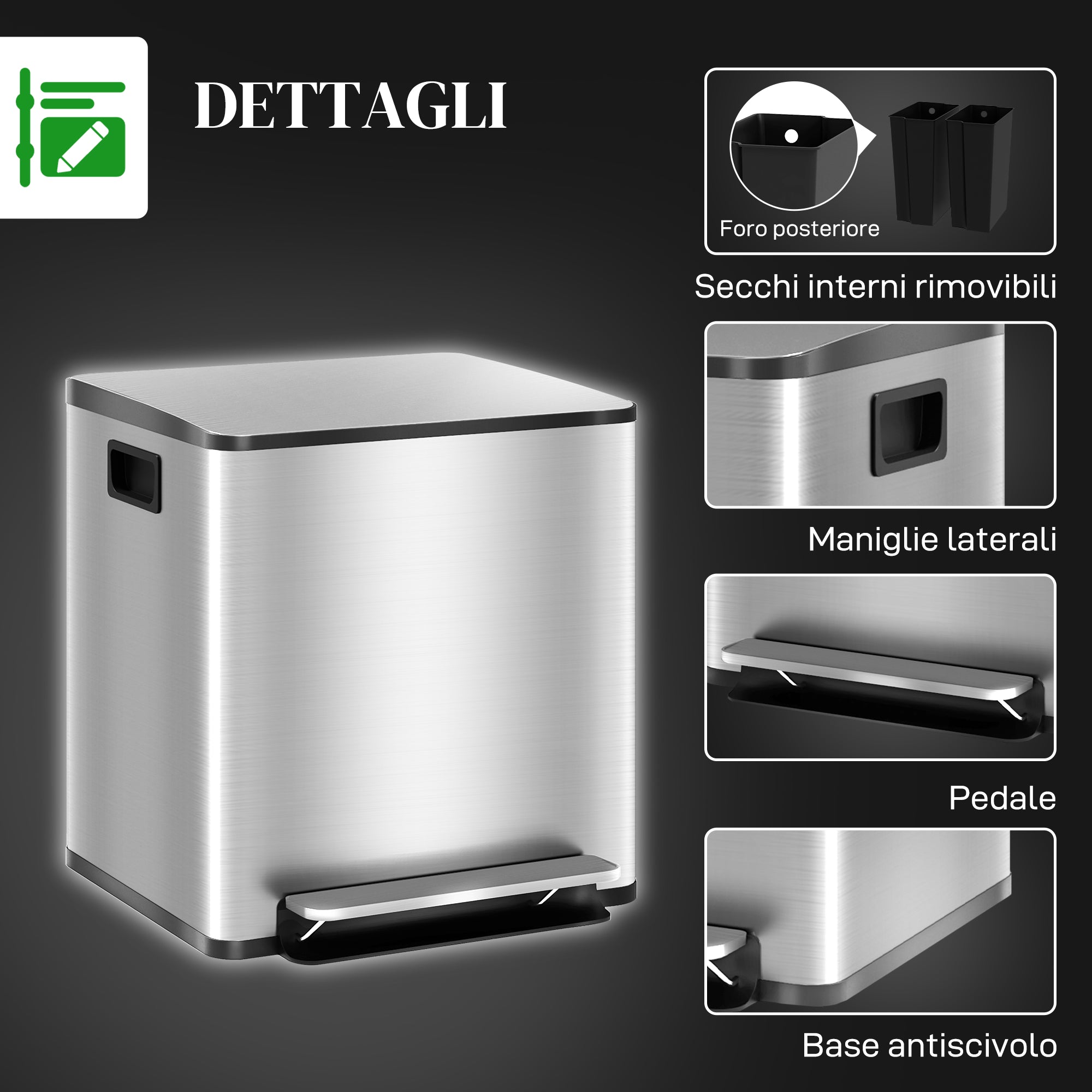 15L 2-Section Pedal Bin with Silent Lid, Stainless Steel and PP, 41.8 x 36.7 x 44 cm